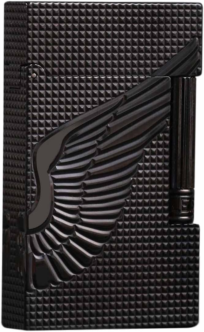 Classic Brass Lighter, Exquisitely Carved Angel's Wings Side Slide Ignition Butane Lighter, Men, Dad, Husband, Unique Collectible (Black)