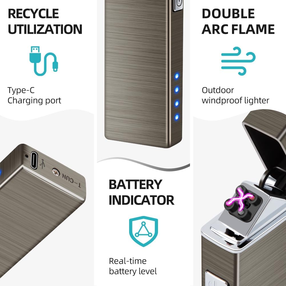 LcFun Electric USB Rechargeable Lighter Windproof Flamesless Plasma Dual Arc Lighter Small Metal Pocket Lighters for Candle, Camping Stocking Stuffers Gifts for Men (Nickel Brushed)