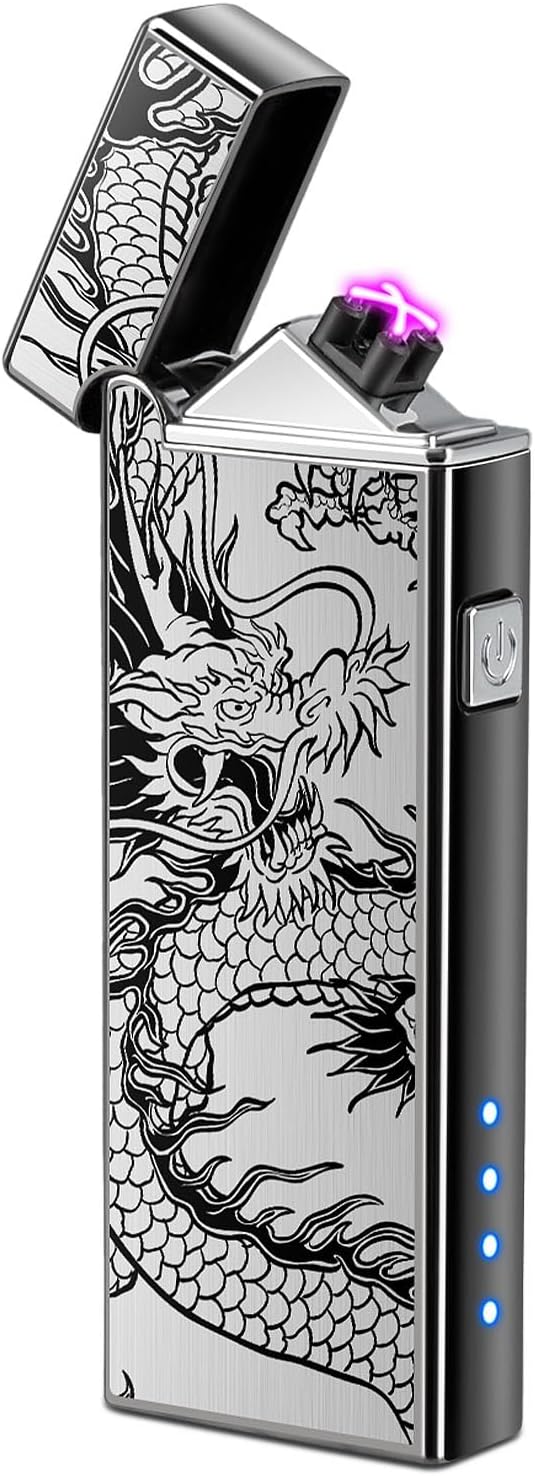 LcFun Electric USB Rechargeable Lighter, Windproof Plasma Dual Arc Lighter with LED Battery Indication, Flameless Cool Lighters Gifts for Men Fathers Husband (Black Dragon)