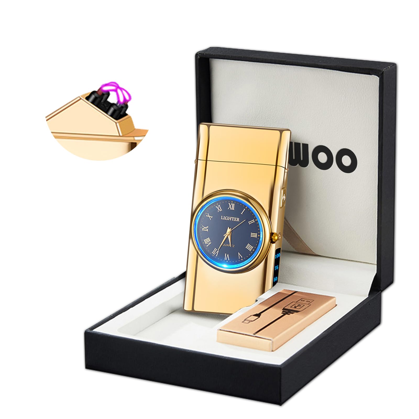 Electric Lighter with Clock YOZWOO USB Rechargeable Lighter with LED Light, Plasma Dual Arc Lighters with LED Power Display for Candle, Cool Lighters Gifts for Men and Women (Silver-Eagle)