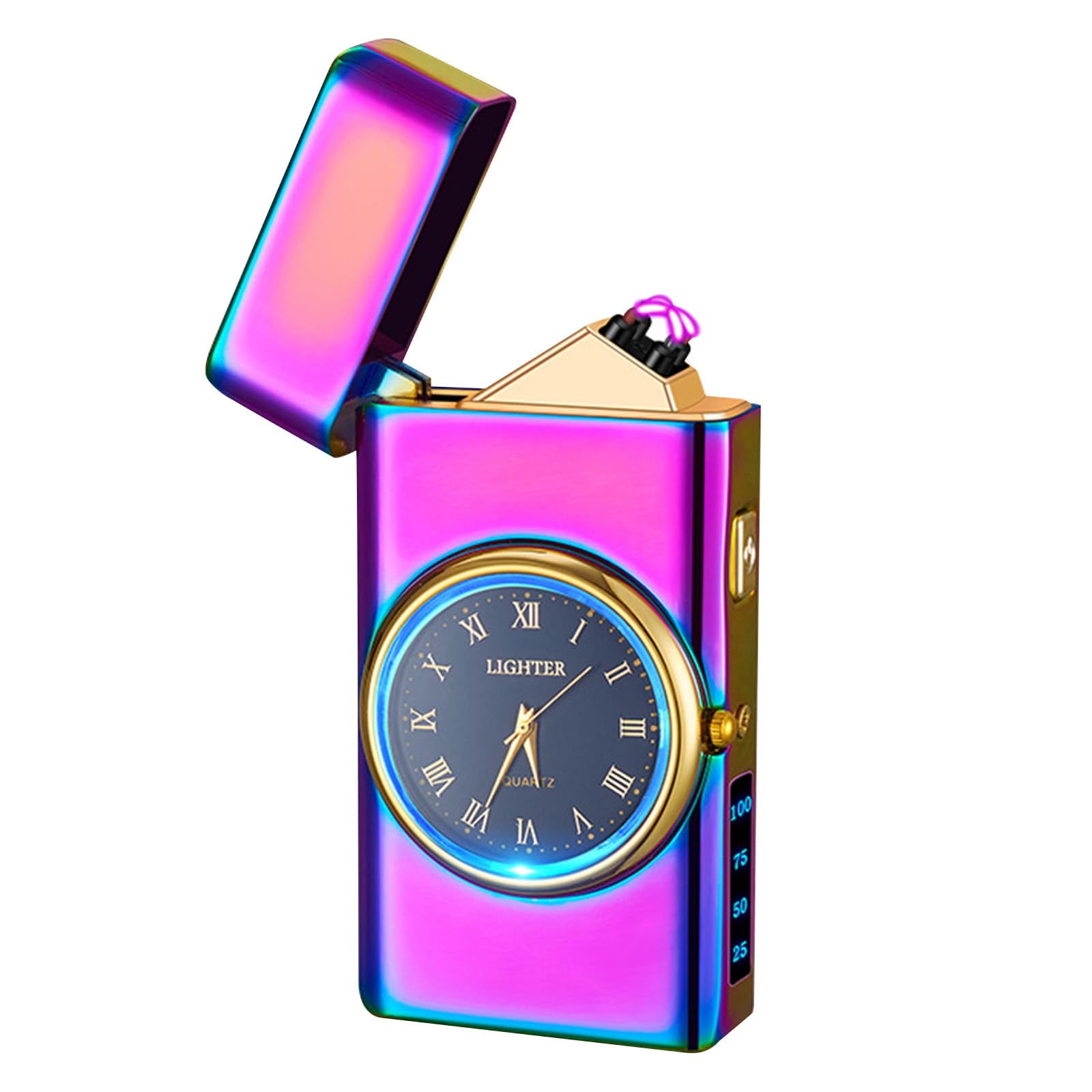 Electric Lighter with Clock YOZWOO USB Rechargeable Lighter with LED Light, Plasma Dual Arc Lighters with LED Power Display for Candle, Cool Lighters Gifts for Men and Women (Silver-Eagle)
