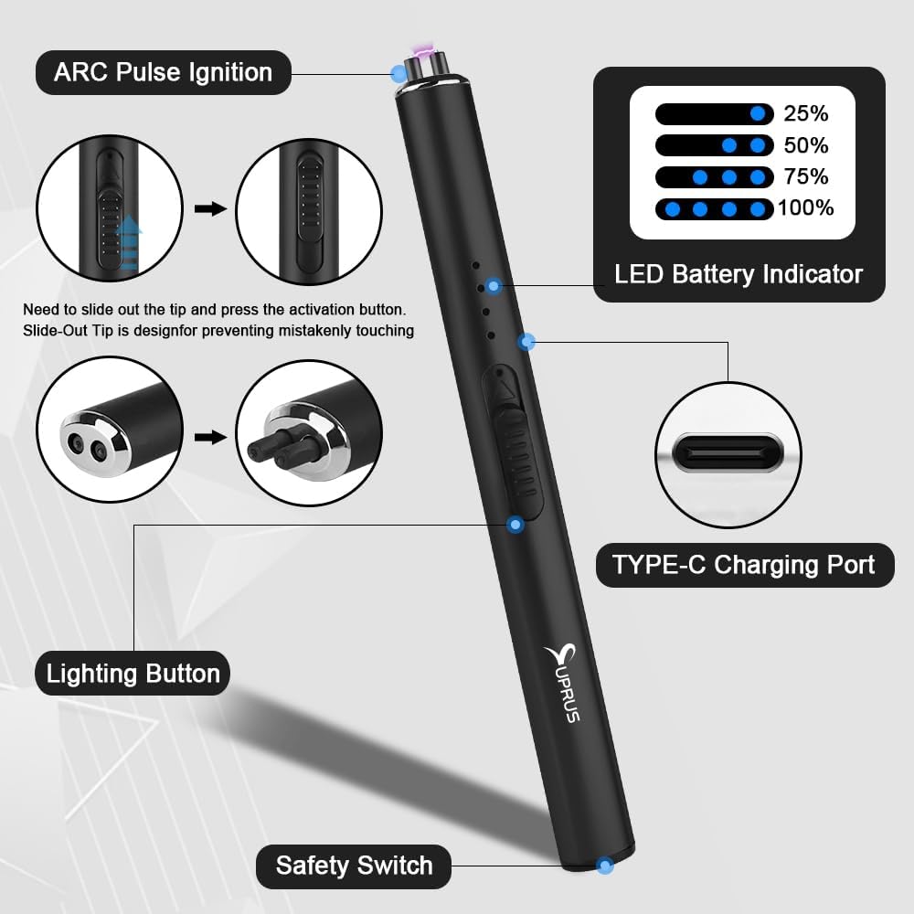 SUPRUS Electric Lighter Arc Windproof Flameless USB Rechargeable Lighter with Safety Lock (Black)