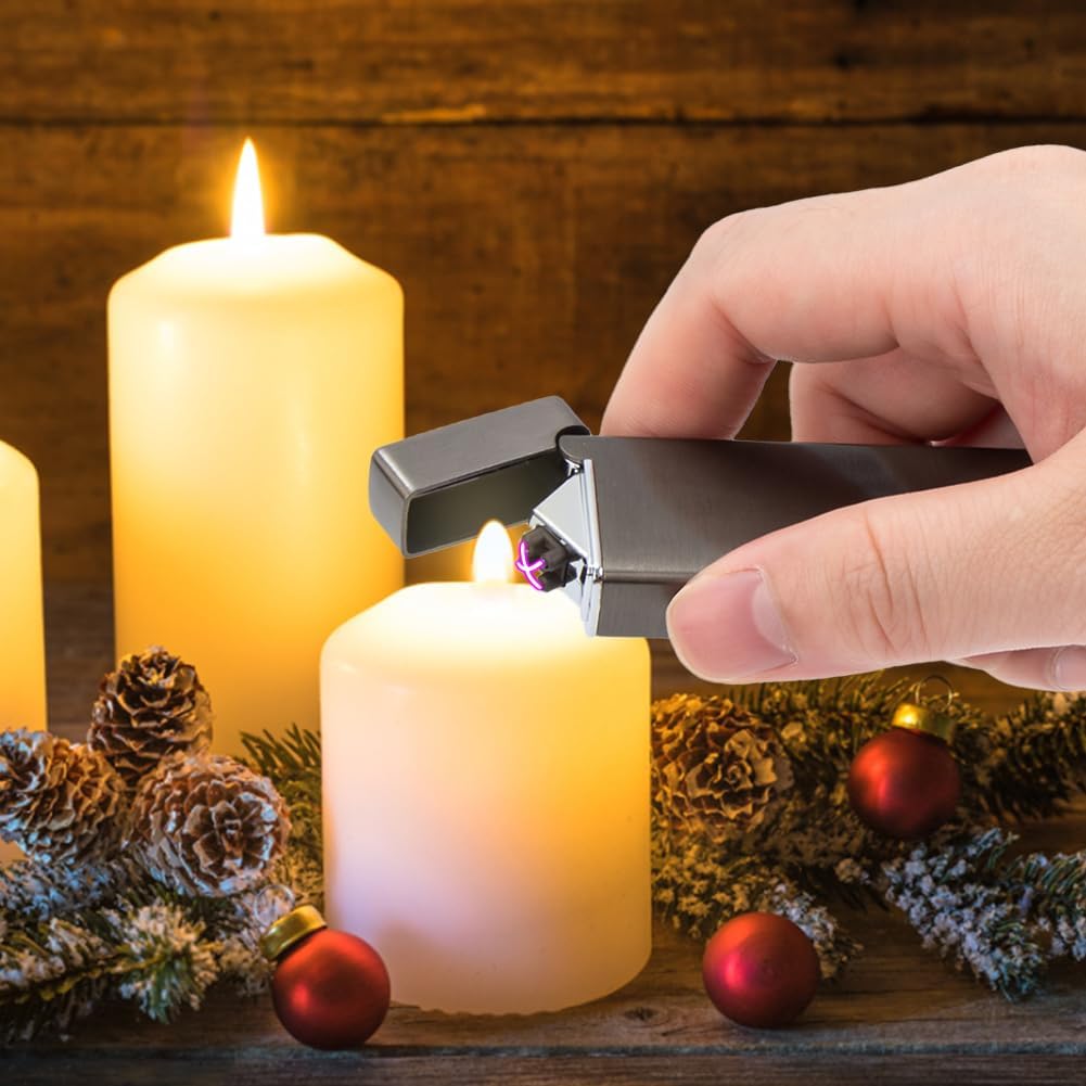 LcFun Electric USB Rechargeable Lighter Windproof Flamesless Plasma Dual Arc Lighter Small Metal Pocket Lighters for Candle, Camping Stocking Stuffers Gifts for Men (Nickel Brushed)