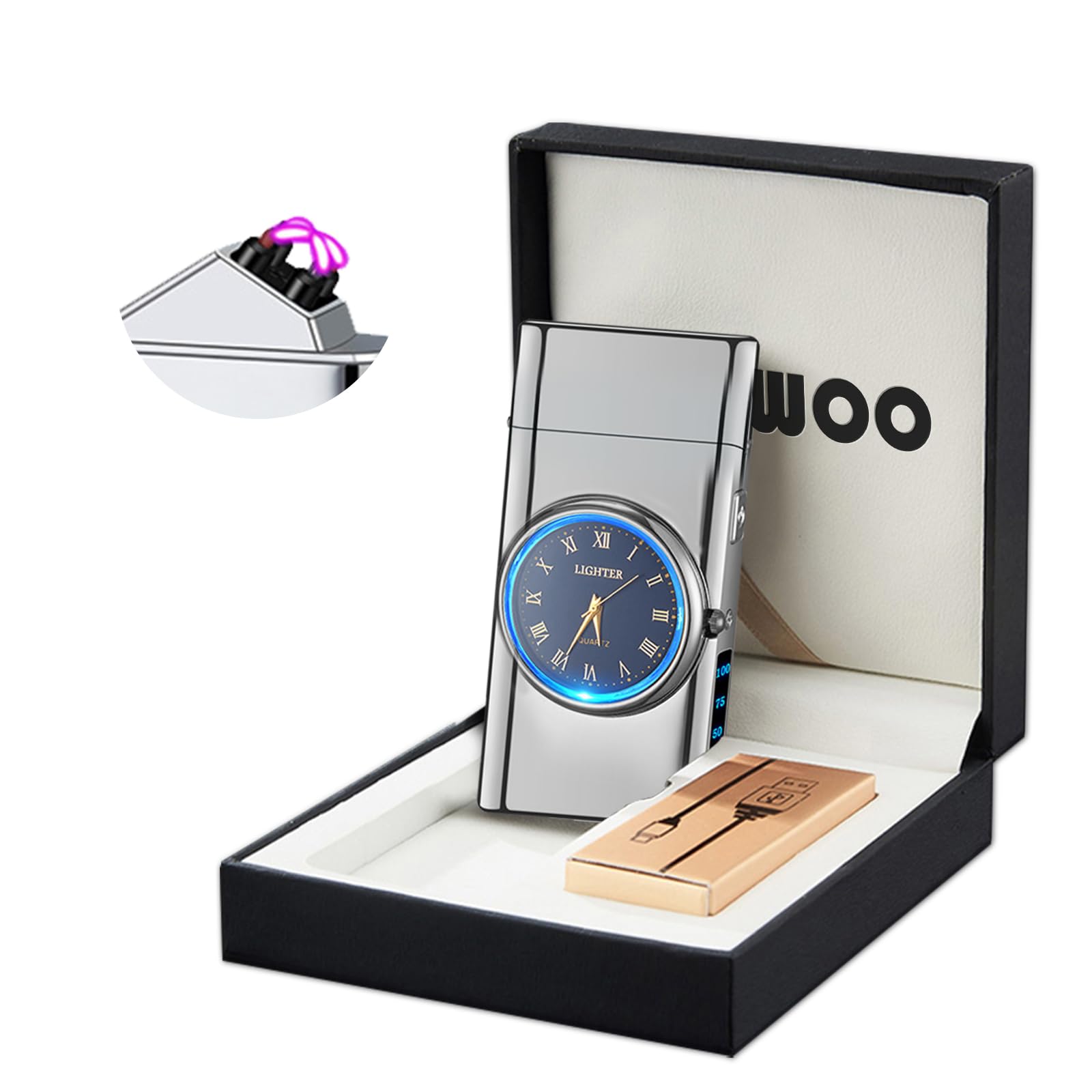 Electric Lighter with Clock YOZWOO USB Rechargeable Lighter with LED Light, Plasma Dual Arc Lighters with LED Power Display for Candle, Cool Lighters Gifts for Men and Women (Silver-Eagle)
