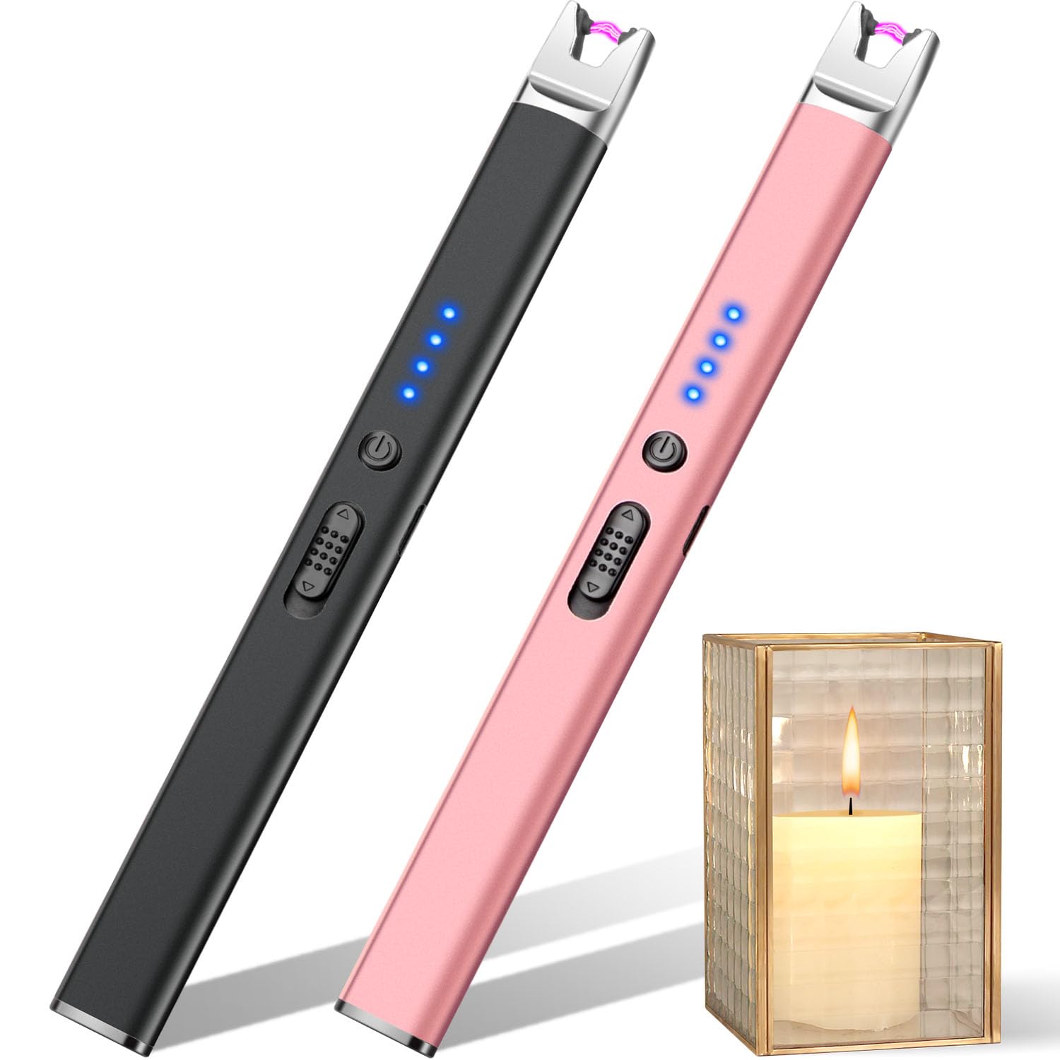 LcFun 2 Pack Candle Lighter Electric USB Rechargeable Plasma Arc Lighter with Safety Lock, Windproof Flameless Long Lighters for Candle, Grill, BBQ, Camping, Gas Stoves (Black, Gold)