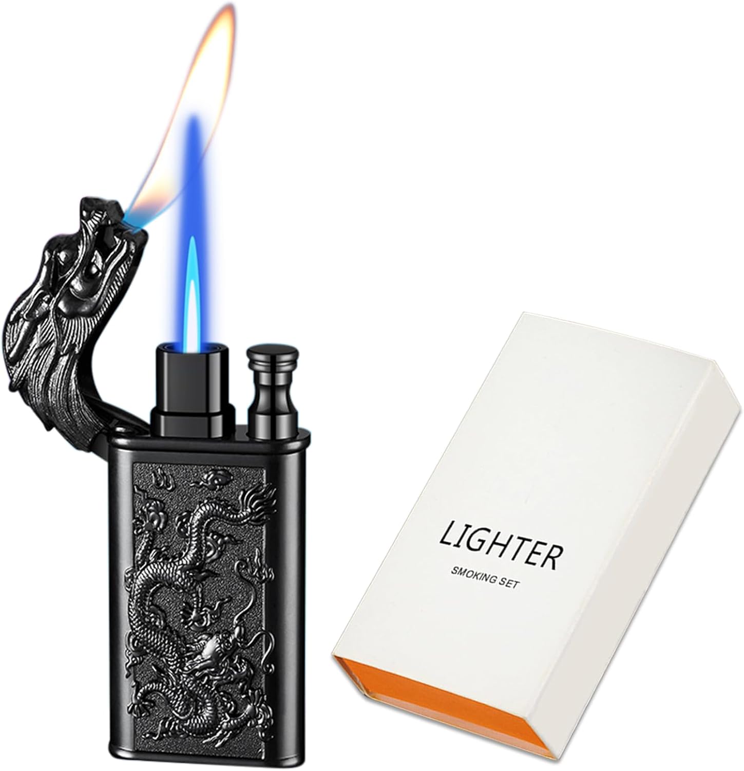 Torch Lighter, Cool Relief Dragon Dual Flame - Windproof Adjustable Jet Flame and Soft Flame, Refillable Butane Lighter for Gift, Candle, BBQ, Kitchen, Camping (Without Butane)-Black