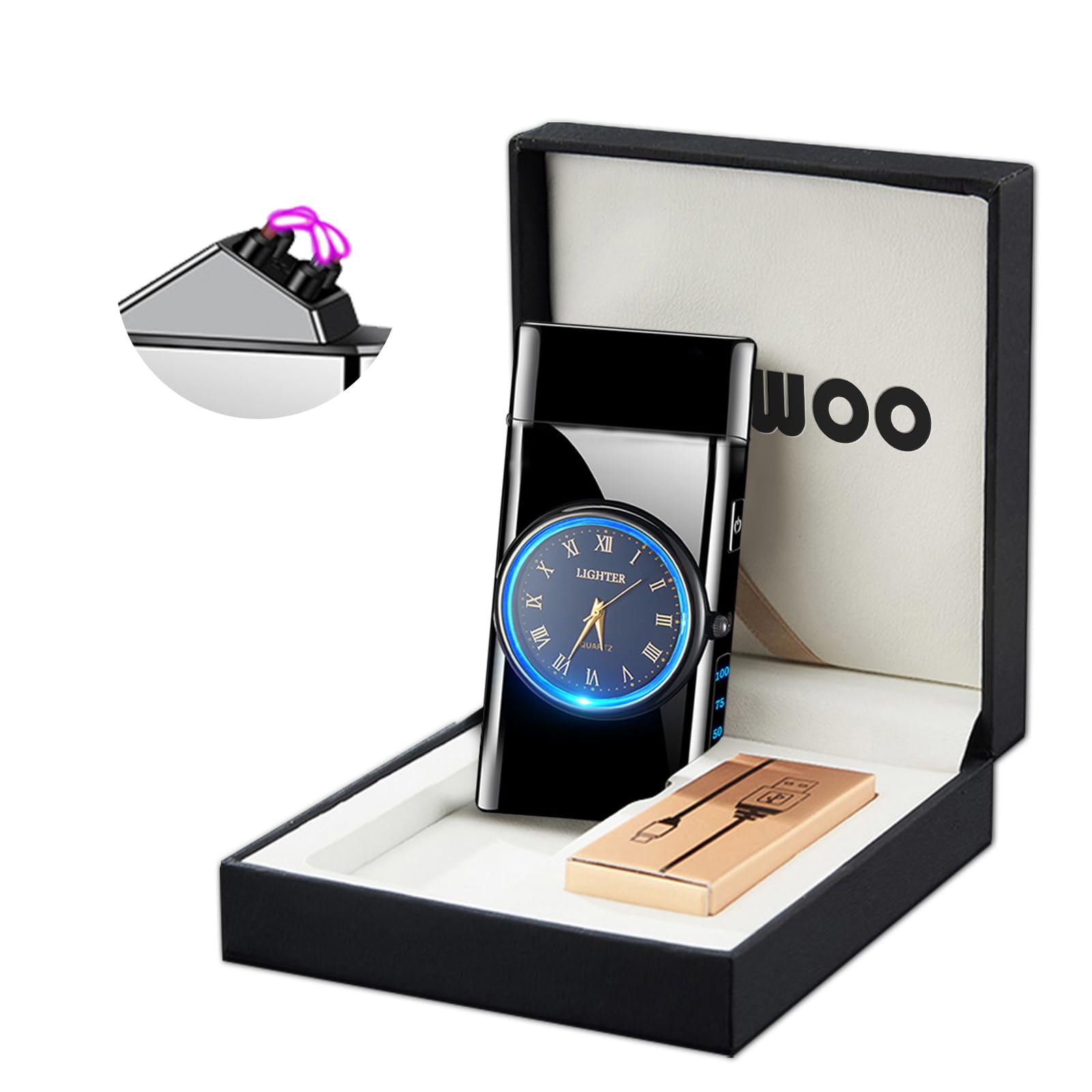 Electric Lighter with Clock YOZWOO USB Rechargeable Lighter with LED Light, Plasma Dual Arc Lighters with LED Power Display for Candle, Cool Lighters Gifts for Men and Women (Silver-Boat)