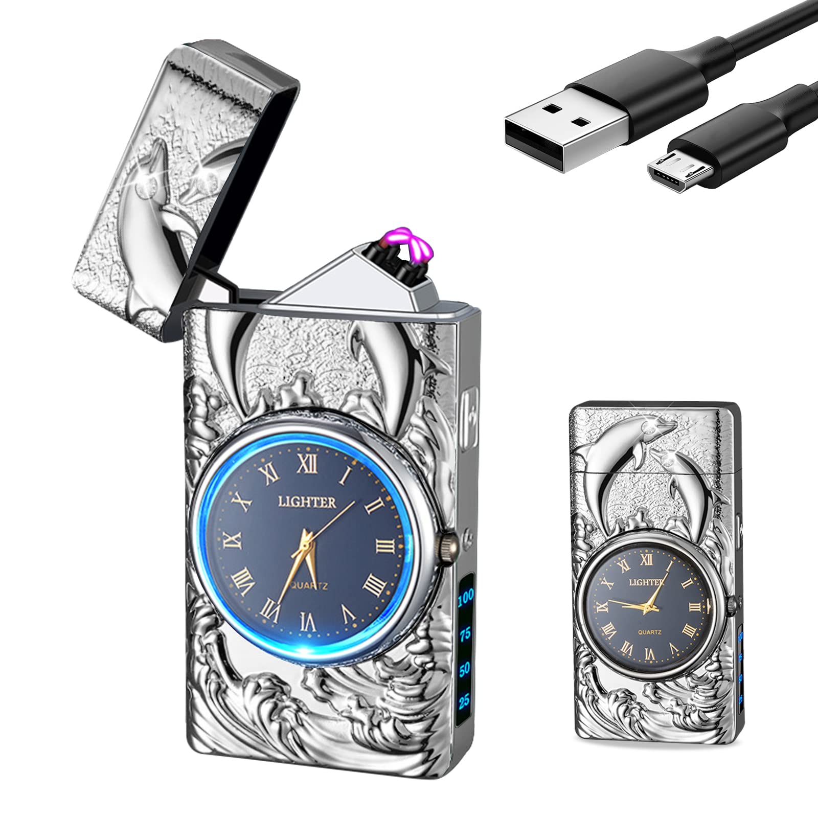 Electric Lighter with Clock YOZWOO USB Rechargeable Lighter with LED Light, Plasma Dual Arc Lighters with LED Power Display for Candle, Cool Lighters Gifts for Men and Women (Silver-Eagle)