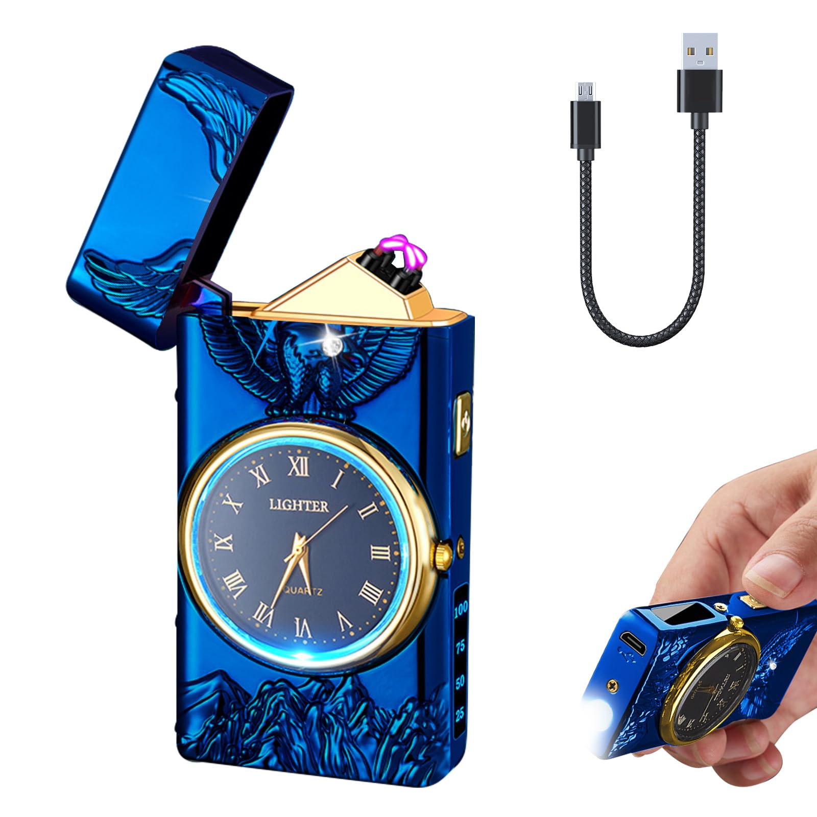 Electric Lighter with Clock YOZWOO USB Rechargeable Lighter with LED Light, Plasma Dual Arc Lighters with LED Power Display for Candle, Cool Lighters Gifts for Men and Women (Silver-Eagle)