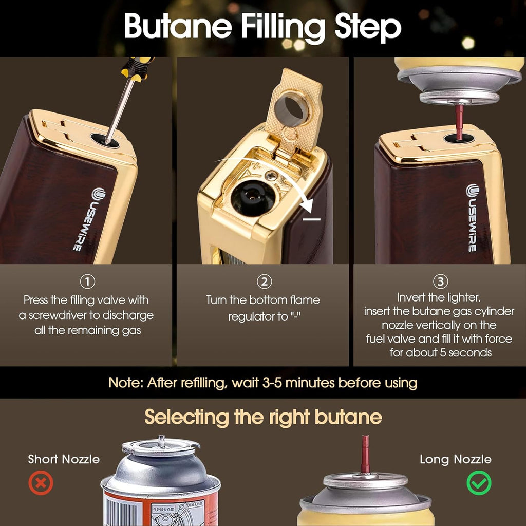 Cigar Lighter and Ashtray Set, Quad Windproof Jet Flame, with Cigar Holder and Cigar Punch, Refillable Butane Gas Lighter, Multifunctional Cigar Accessories Gift Set