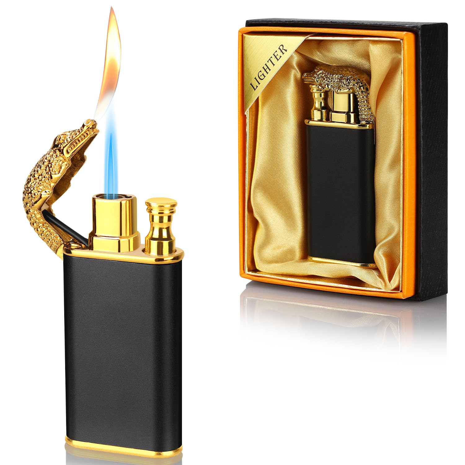 Magic Dual Flame Dragon Lighter, Butane Refillable Torch With Switchable Windproof Jet & Soft Fire - Cool Double Flame Creative Gift for Men (Black, Without Gas)