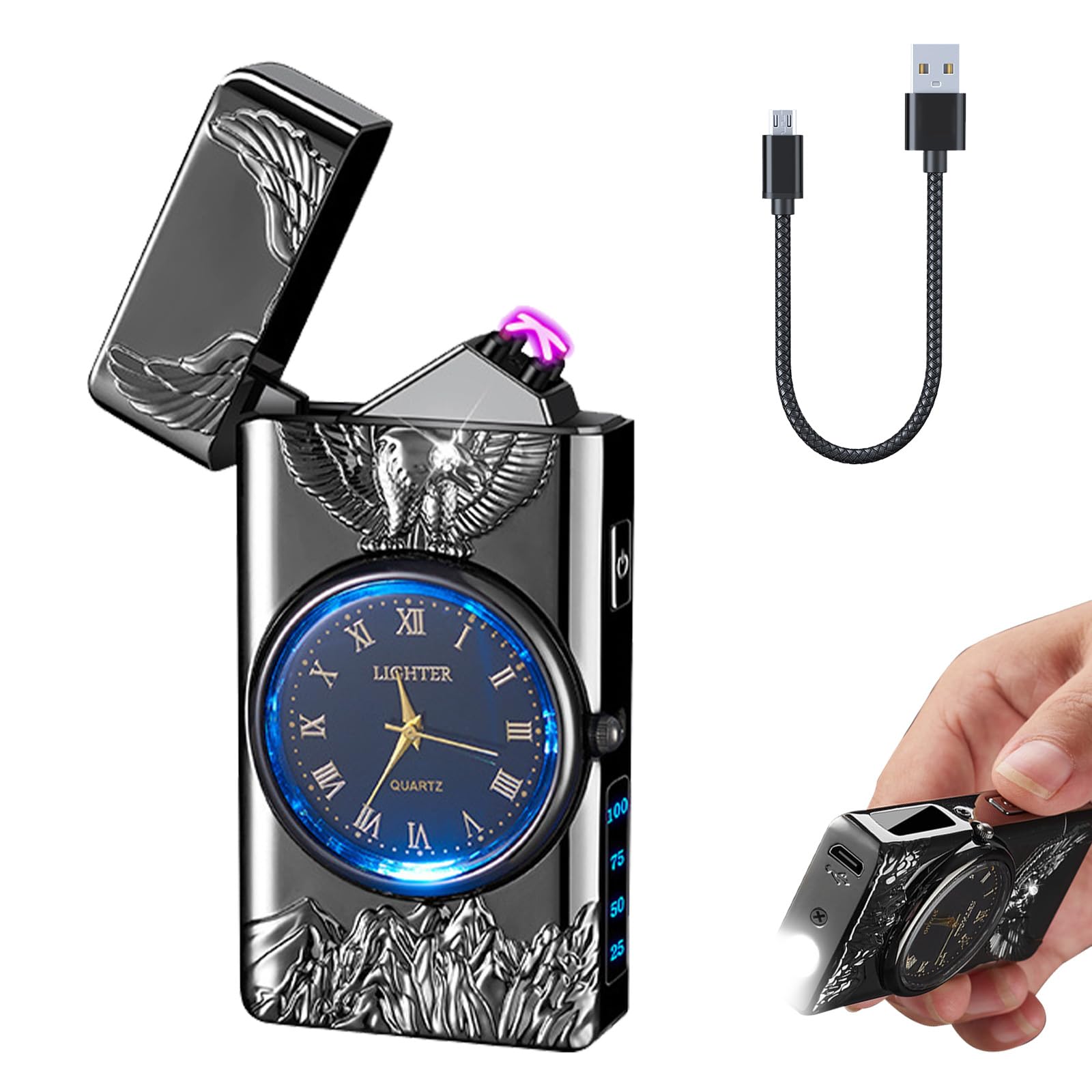 Electric Lighter with Clock YOZWOO USB Rechargeable Lighter with LED Light, Plasma Dual Arc Lighters with LED Power Display for Candle, Cool Lighters Gifts for Men and Women (Silver-Boat)