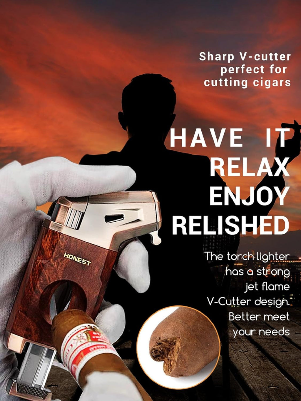 Butane Torch Lighter with V Cutter, Windproof Jet Flame Lighter Torch Refill, Adjustable Refillable Butane Lighter Gifts for Men, with Fuel Window, Fuel not Include