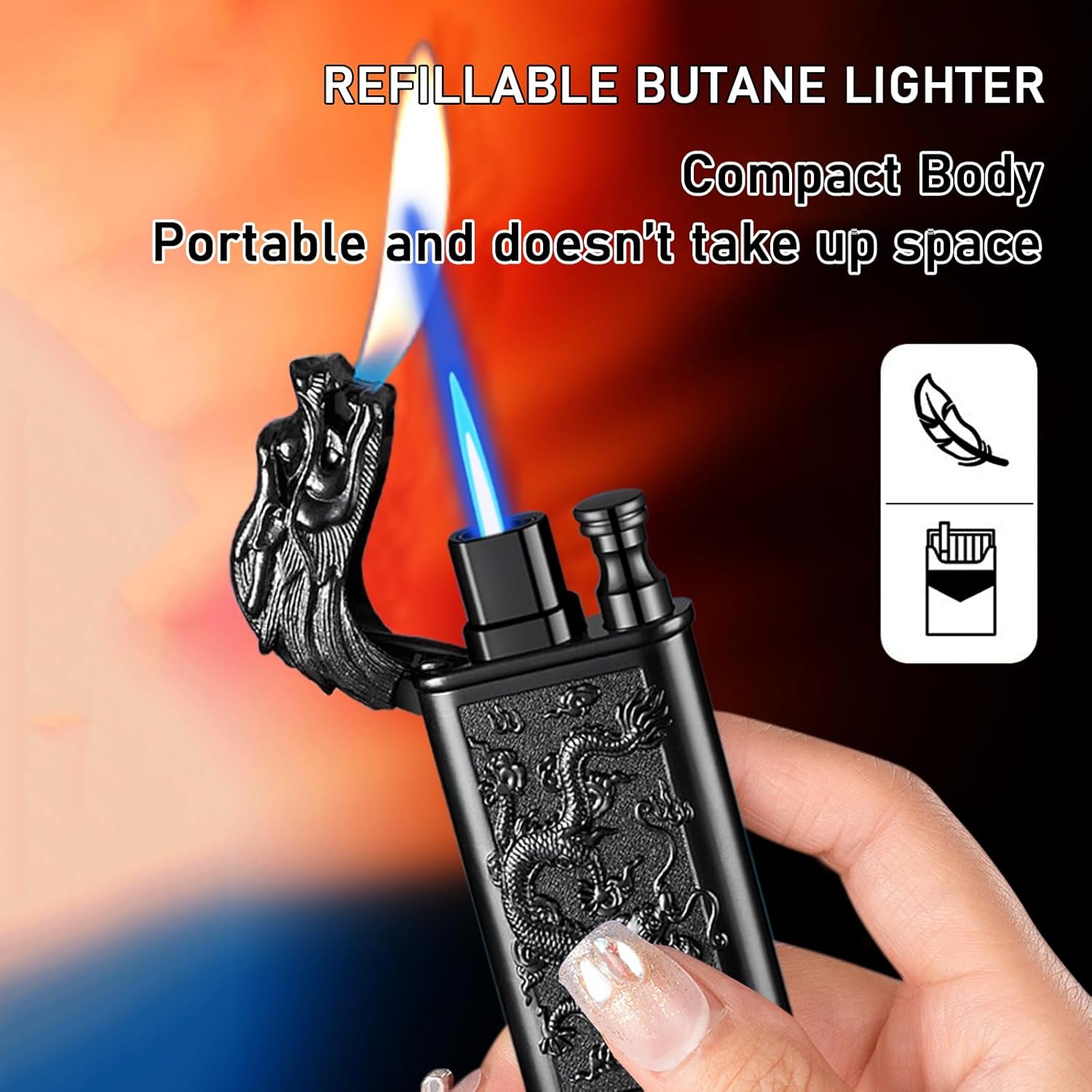 Torch Lighter, Cool Relief Dragon Dual Flame - Windproof Adjustable Jet Flame and Soft Flame, Refillable Butane Lighter for Gift, Candle, BBQ, Kitchen, Camping (Without Butane)-Black