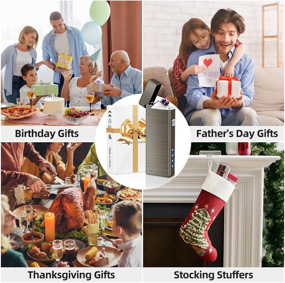 LcFun Electric USB Rechargeable Lighter Windproof Flamesless Plasma Dual Arc Lighter Small Metal Pocket Lighters for Candle, Camping Stocking Stuffers Gifts for Men (Nickel Brushed)