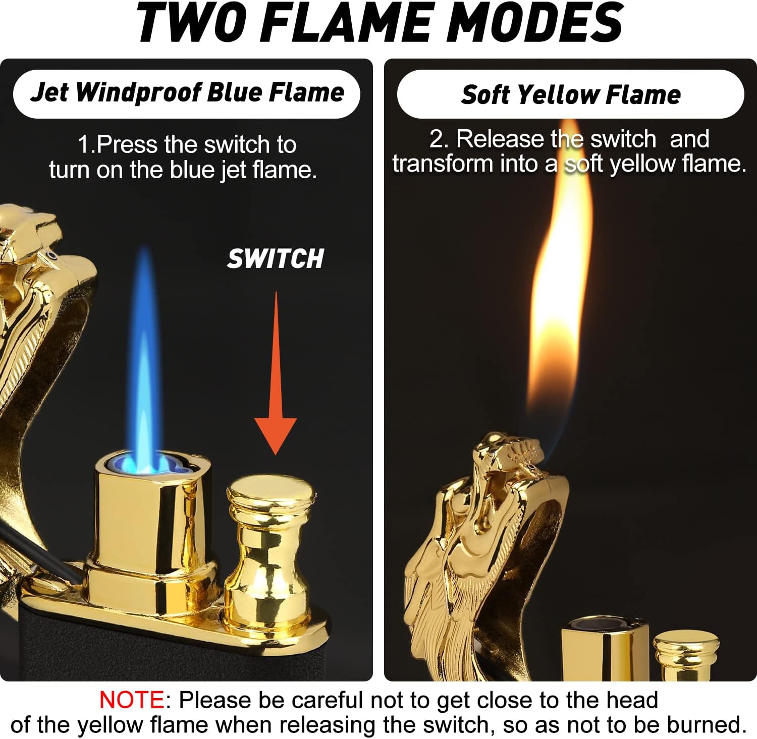 Magic Dual Flame Dragon Lighter, Butane Refillable Torch With Switchable Windproof Jet & Soft Fire - Cool Double Flame Creative Gift for Men (Black, Without Gas)