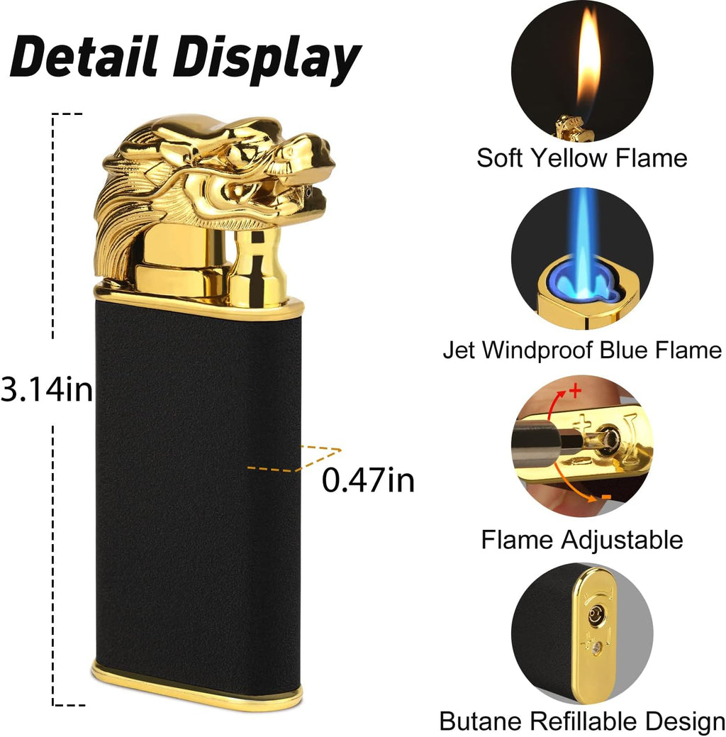 Magic Dual Flame Dragon Lighter, Butane Refillable Torch With Switchable Windproof Jet & Soft Fire - Cool Double Flame Creative Gift for Men (Black, Without Gas)