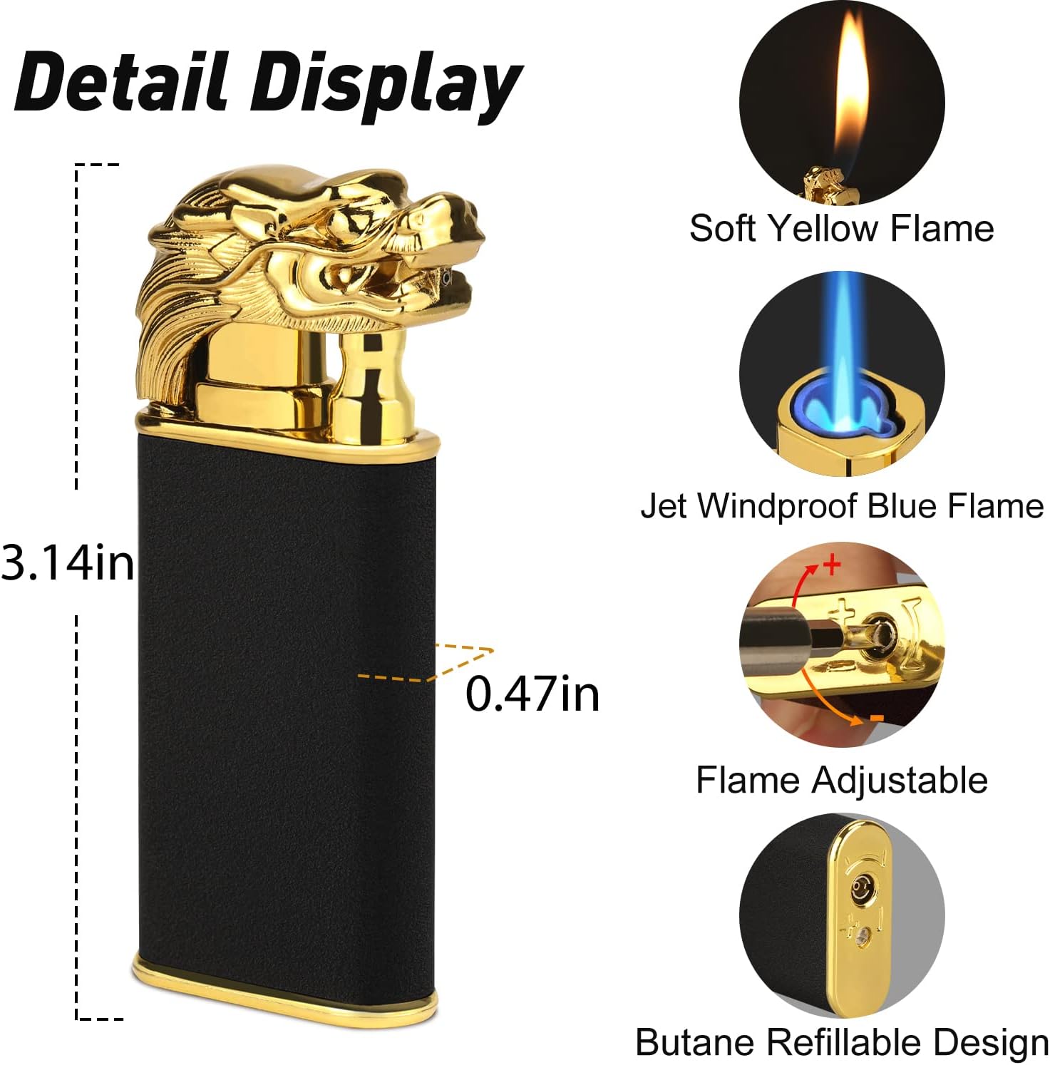 Magic Dual Flame Dragon Lighter, Butane Refillable Torch With Switchable Windproof Jet & Soft Fire - Cool Double Flame Creative Gift for Men (Black, Without Gas)