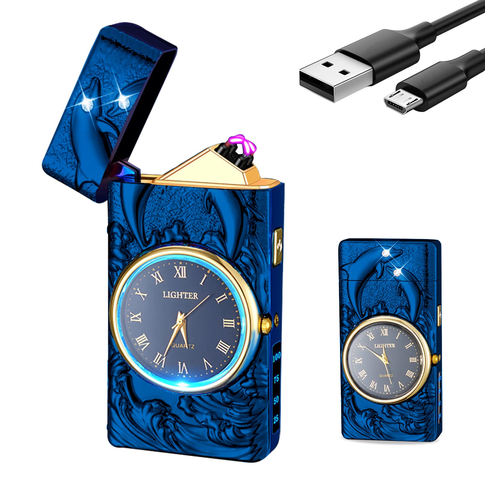 Electric Lighter with Clock YOZWOO USB Rechargeable Lighter with LED Light, Plasma Dual Arc Lighters with LED Power Display for Candle, Cool Lighters Gifts for Men and Women (Silver-Eagle)