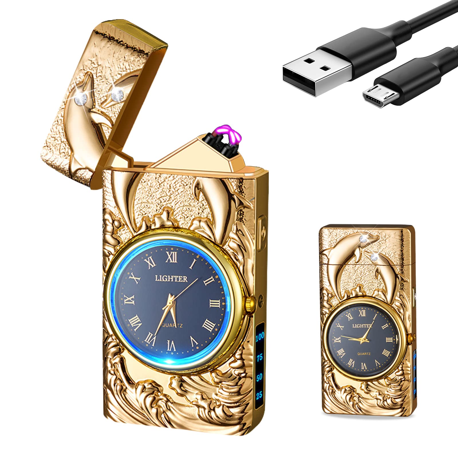 Electric Lighter with Clock YOZWOO USB Rechargeable Lighter with LED Light, Plasma Dual Arc Lighters with LED Power Display for Candle, Cool Lighters Gifts for Men and Women (Silver-Eagle)