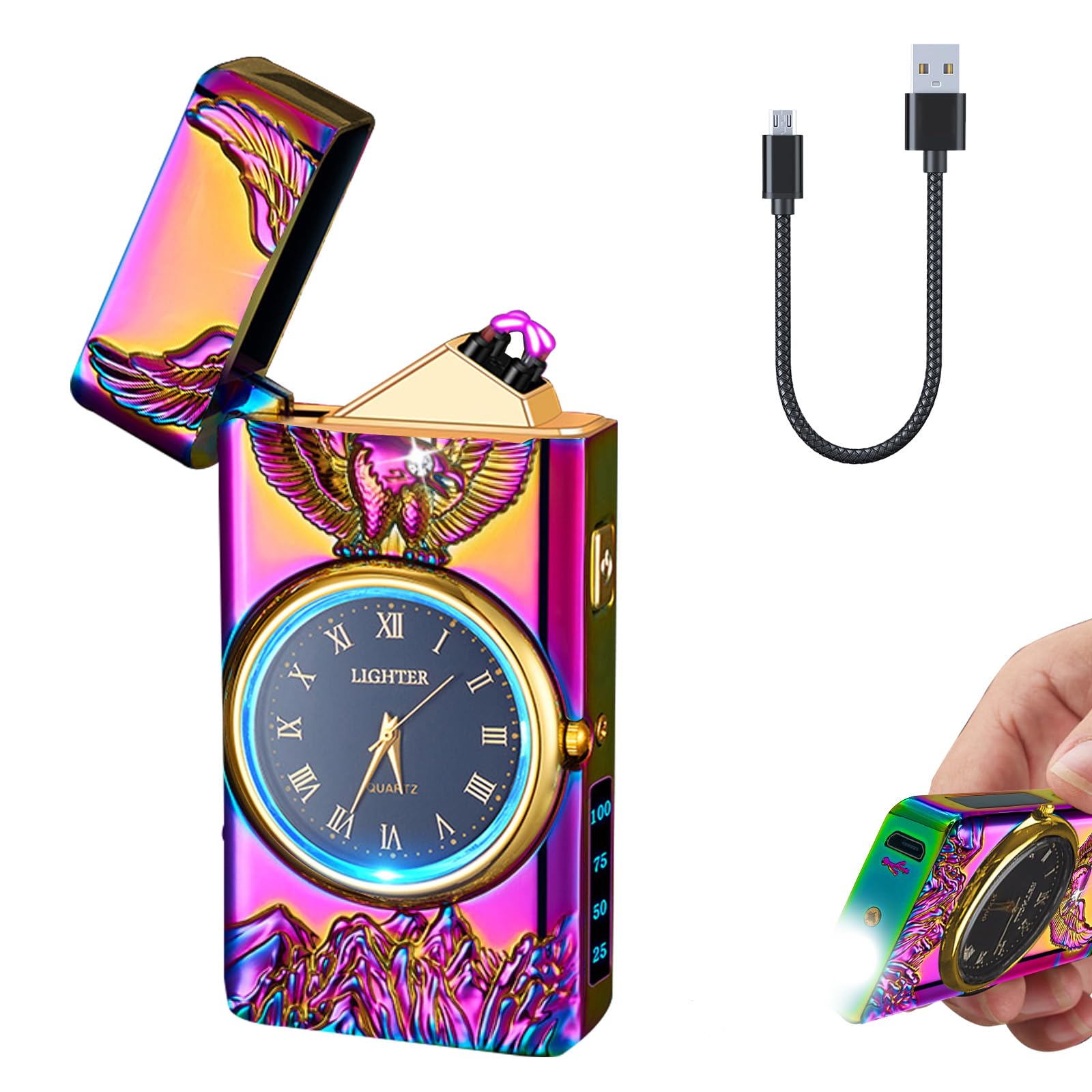 Electric Lighter with Clock YOZWOO USB Rechargeable Lighter with LED Light, Plasma Dual Arc Lighters with LED Power Display for Candle, Cool Lighters Gifts for Men and Women (Silver-Eagle)
