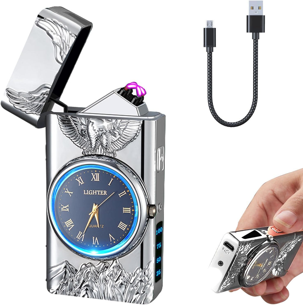 Electric Lighter with Clock YOZWOO USB Rechargeable Lighter with LED Light, Plasma Dual Arc Lighters with LED Power Display for Candle, Cool Lighters Gifts for Men and Women (Silver-Eagle)