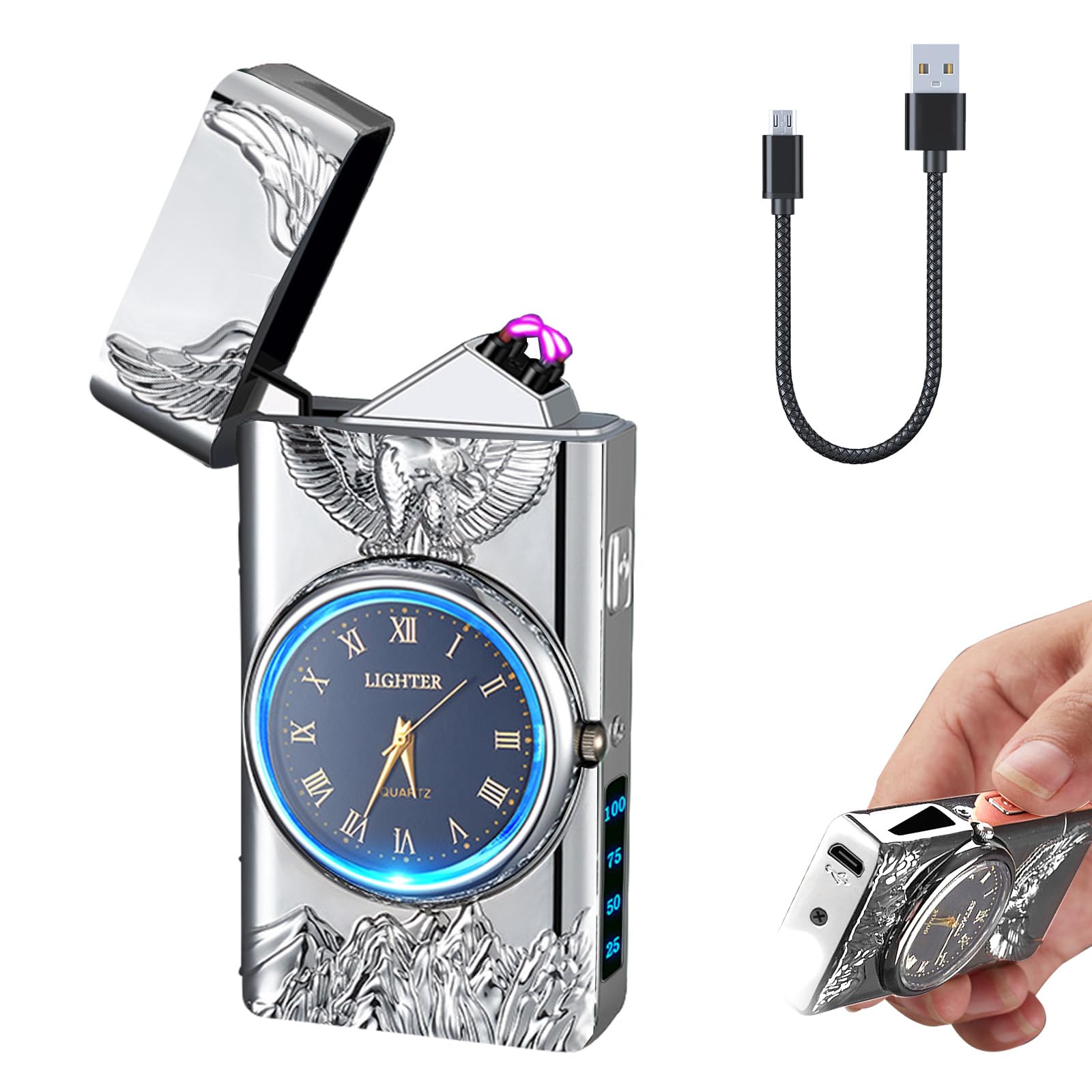 Electric Lighter with Clock YOZWOO USB Rechargeable Lighter with LED Light, Plasma Dual Arc Lighters with LED Power Display for Candle, Cool Lighters Gifts for Men and Women (Silver-Boat)