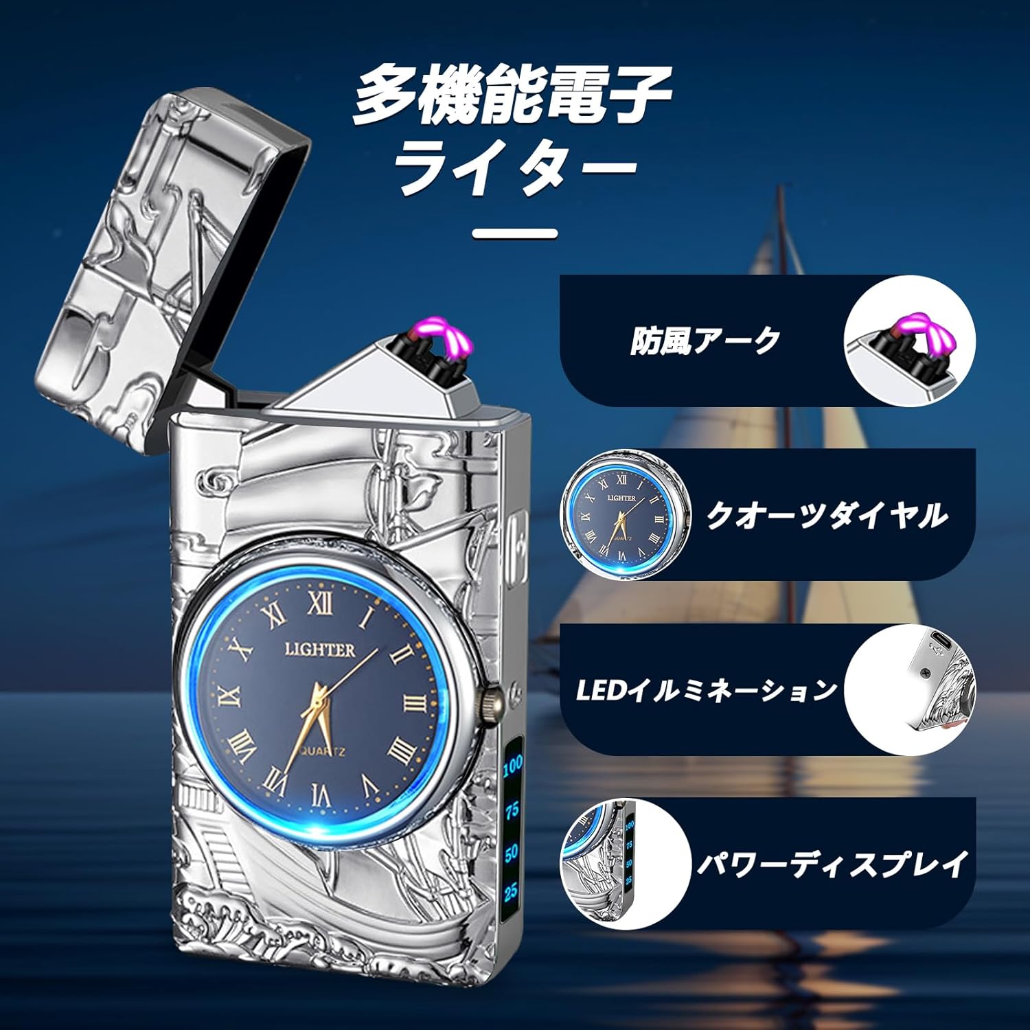 Electric Lighter with Clock YOZWOO USB Rechargeable Lighter with LED Light, Plasma Dual Arc Lighters with LED Power Display for Candle, Cool Lighters Gifts for Men and Women (Silver-Boat)