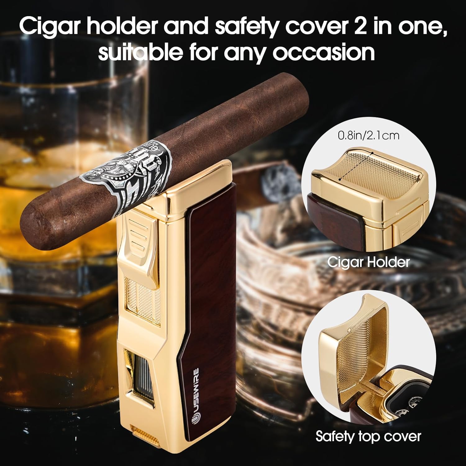 Cigar Lighter and Ashtray Set, Quad Windproof Jet Flame, with Cigar Holder and Cigar Punch, Refillable Butane Gas Lighter, Multifunctional Cigar Accessories Gift Set
