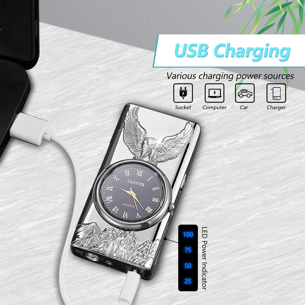Electric Lighter with Clock YOZWOO USB Rechargeable Lighter with LED Light, Plasma Dual Arc Lighters with LED Power Display for Candle, Cool Lighters Gifts for Men and Women (Silver-Eagle)