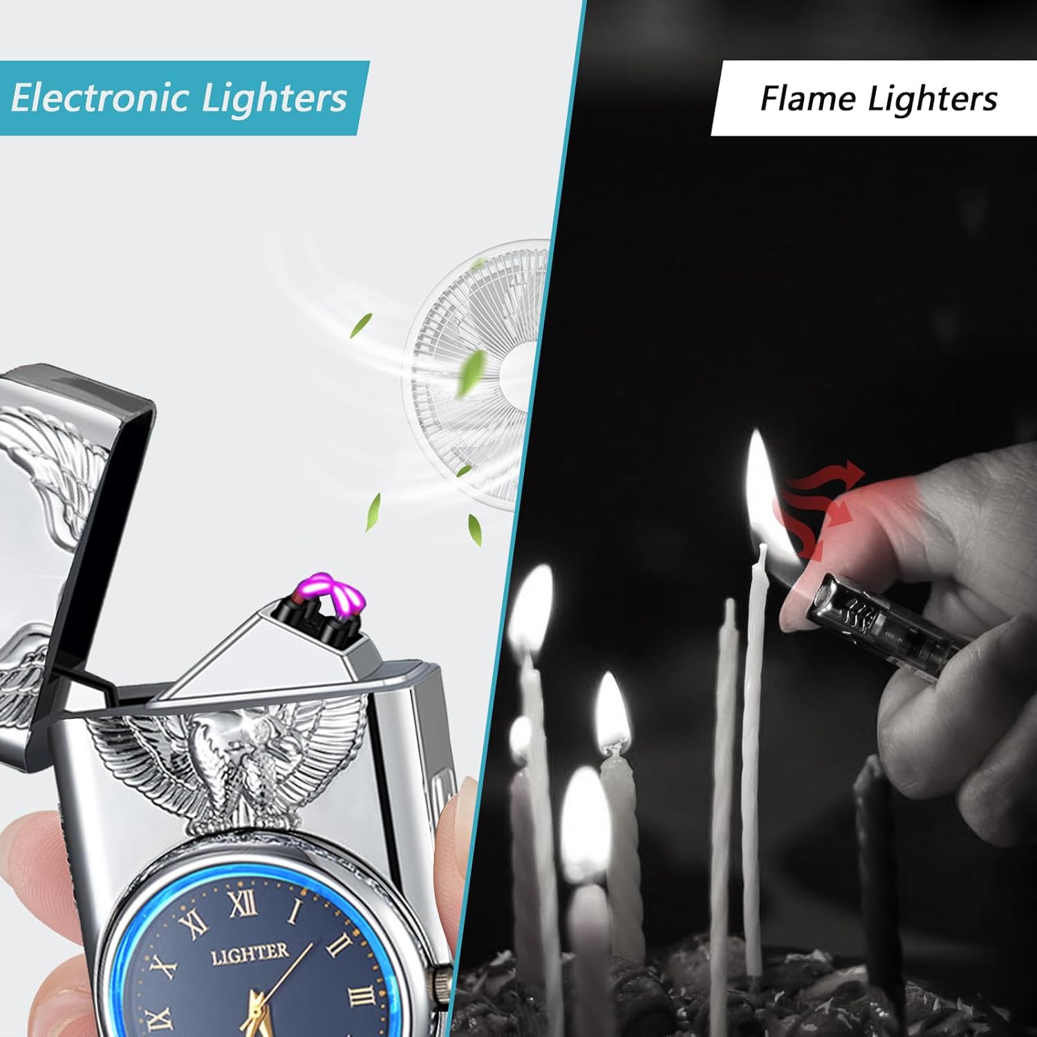 Electric Lighter with Clock YOZWOO USB Rechargeable Lighter with LED Light, Plasma Dual Arc Lighters with LED Power Display for Candle, Cool Lighters Gifts for Men and Women (Silver-Eagle)