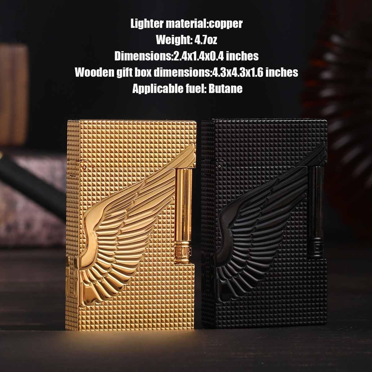 Classic Brass Lighter, Exquisitely Carved Angel's Wings Side Slide Ignition Butane Lighter, Men, Dad, Husband, Unique Collectible (Black)