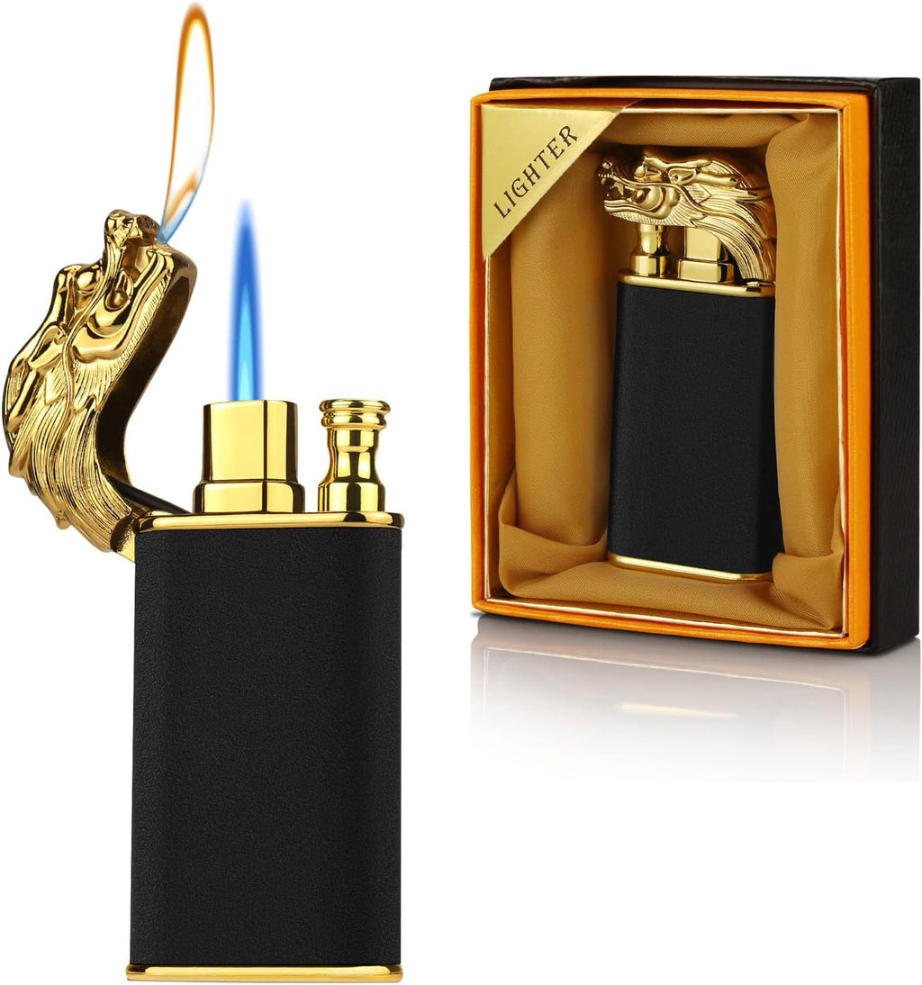 Magic Dual Flame Dragon Lighter, Butane Refillable Torch With Switchable Windproof Jet & Soft Fire - Cool Double Flame Creative Gift for Men (Black, Without Gas)