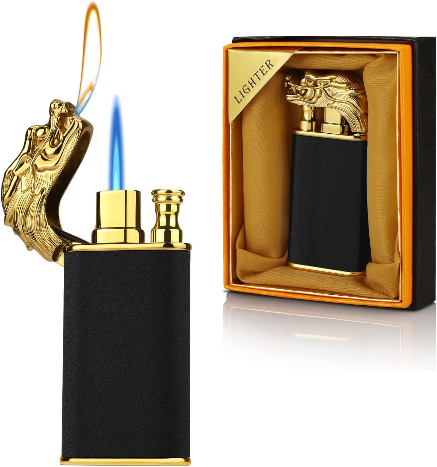 Magic Dual Flame Dragon Lighter, Butane Refillable Torch With Switchable Windproof Jet & Soft Fire - Cool Double Flame Creative Gift for Men (Black, Without Gas)