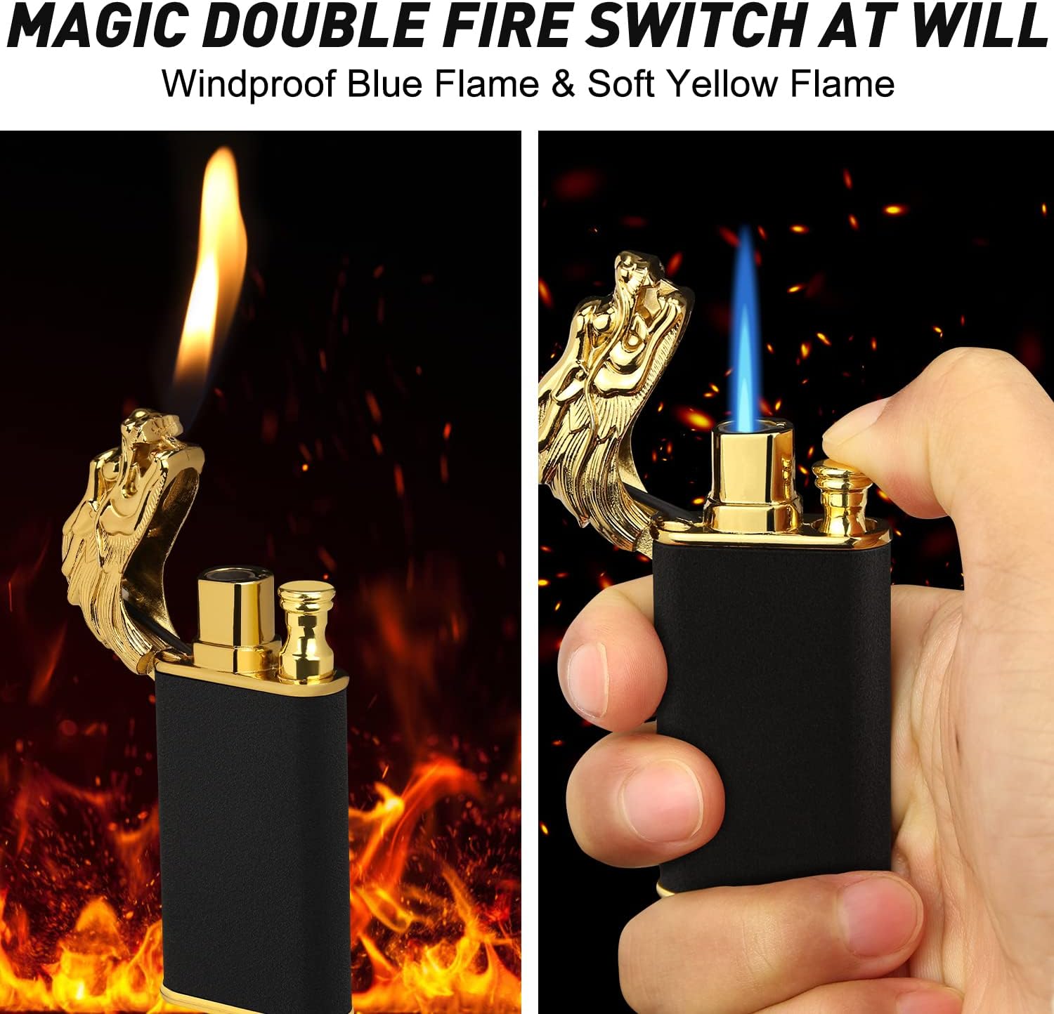 Magic Dual Flame Dragon Lighter, Butane Refillable Torch With Switchable Windproof Jet & Soft Fire - Cool Double Flame Creative Gift for Men (Black, Without Gas)
