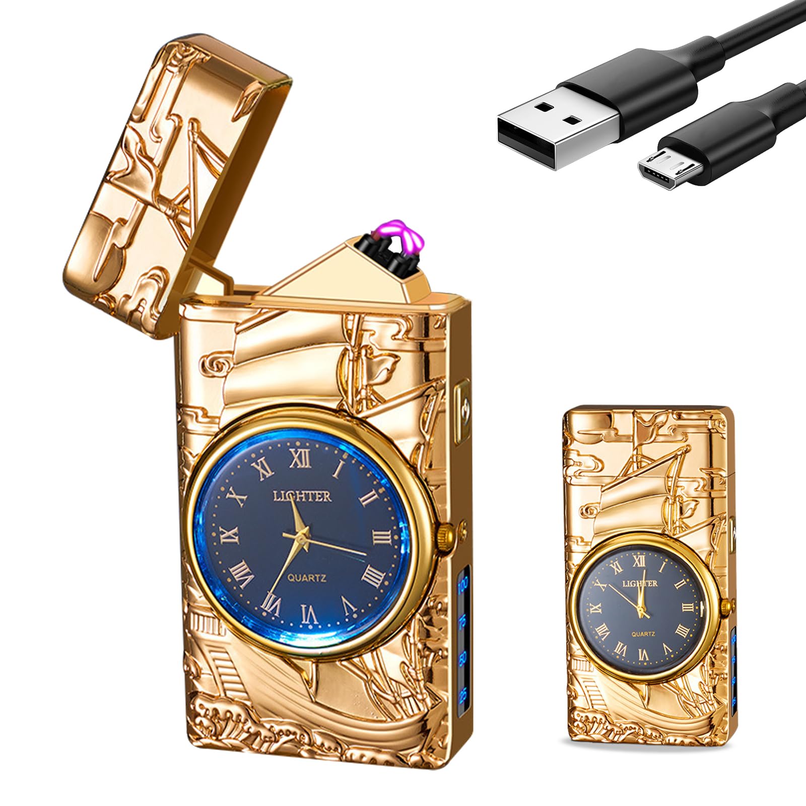 Electric Lighter with Clock YOZWOO USB Rechargeable Lighter with LED Light, Plasma Dual Arc Lighters with LED Power Display for Candle, Cool Lighters Gifts for Men and Women (Silver-Boat)