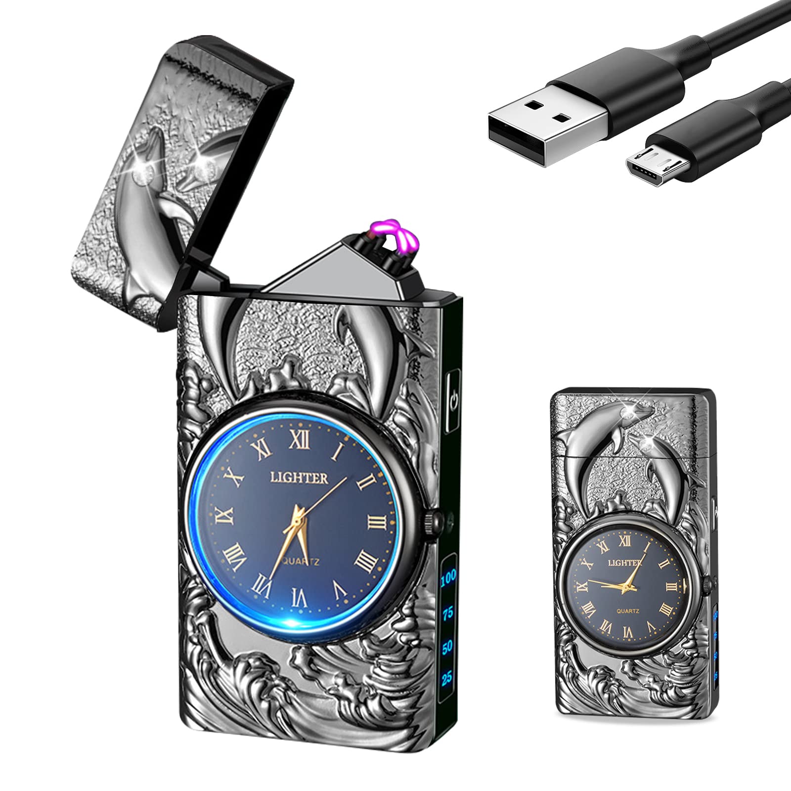 Electric Lighter with Clock YOZWOO USB Rechargeable Lighter with LED Light, Plasma Dual Arc Lighters with LED Power Display for Candle, Cool Lighters Gifts for Men and Women (Silver-Eagle)