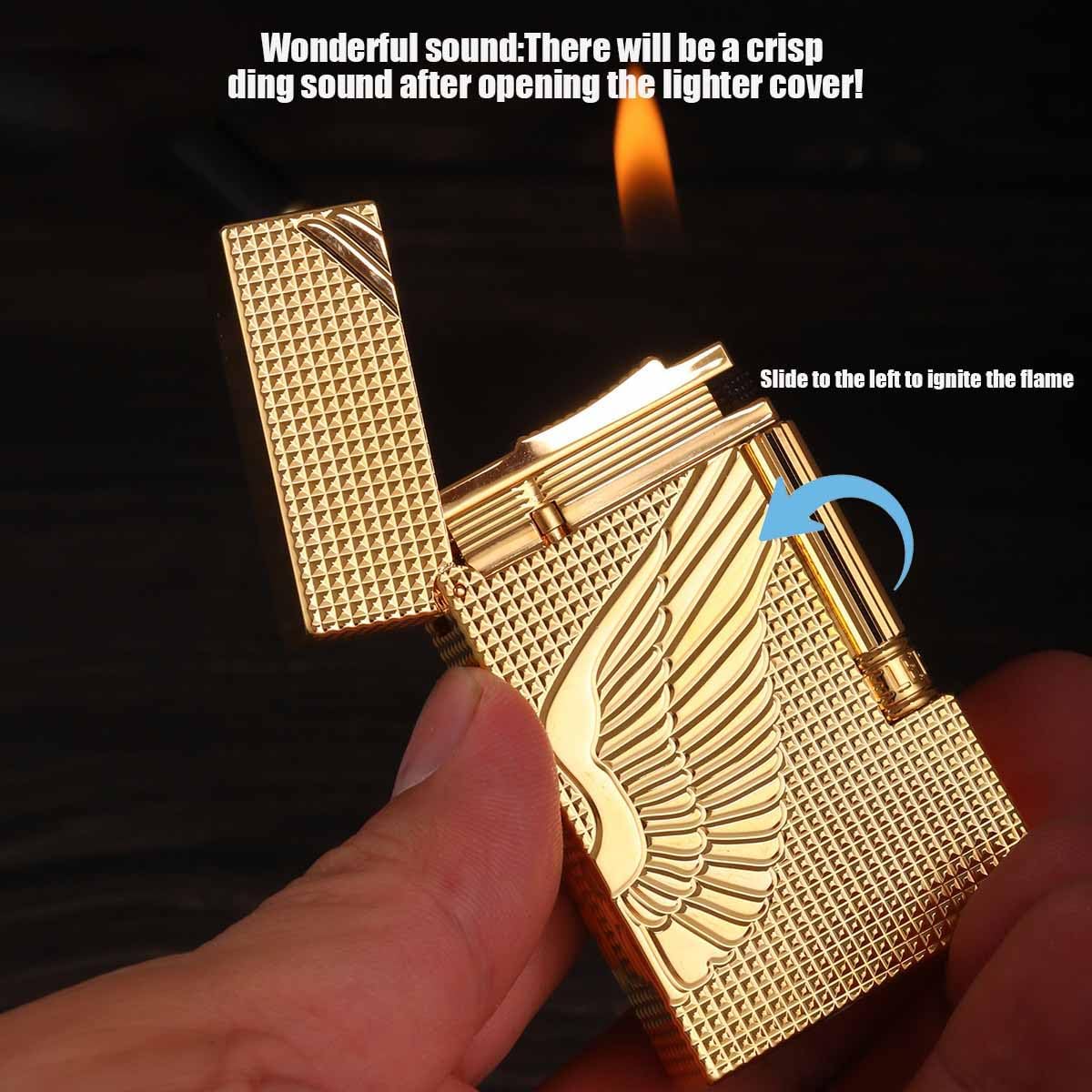 Classic Brass Lighter, Exquisitely Carved Angel's Wings Side Slide Ignition Butane Lighter, Men, Dad, Husband, Unique Collectible (Black)