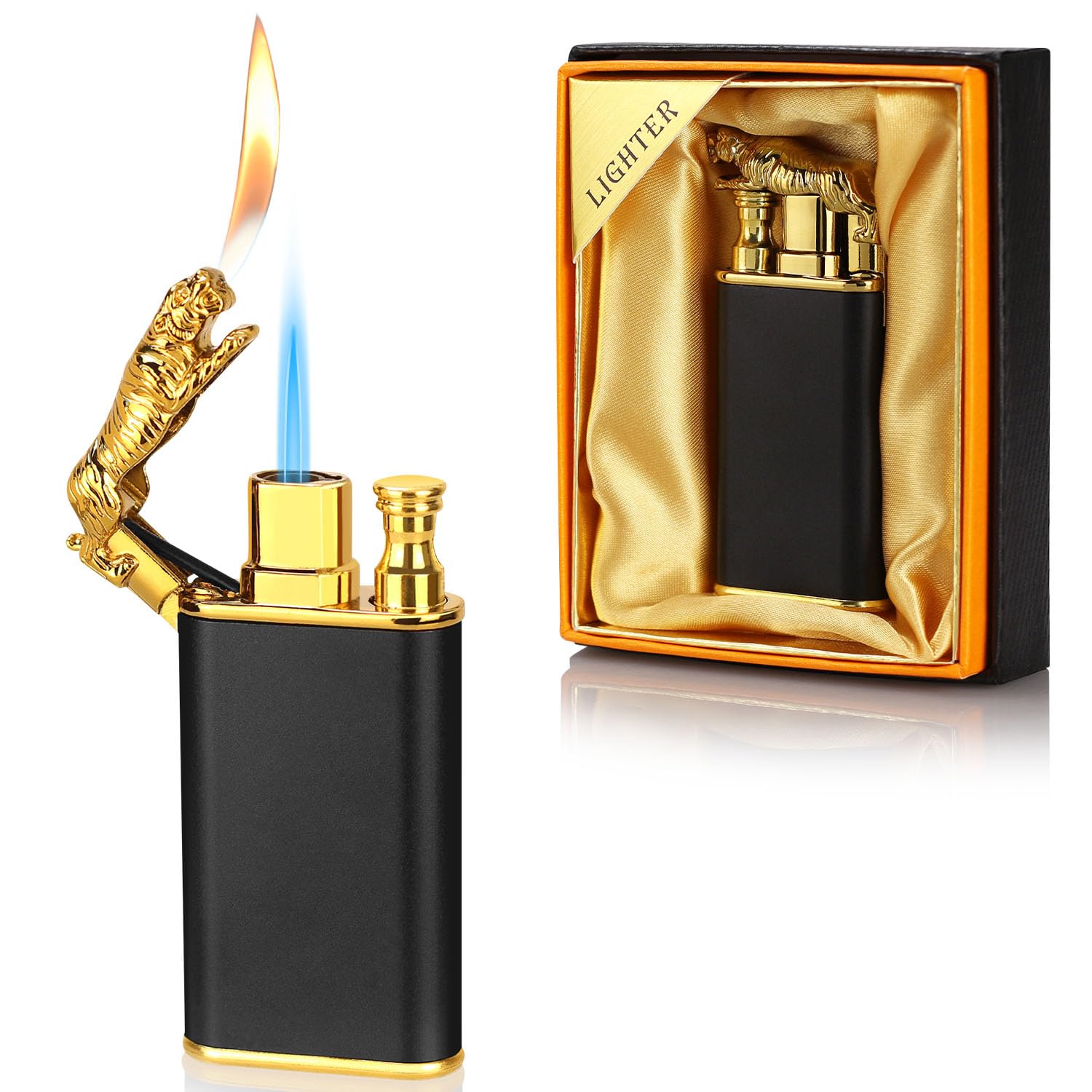Magic Dual Flame Dragon Lighter, Butane Refillable Torch With Switchable Windproof Jet & Soft Fire - Cool Double Flame Creative Gift for Men (Black, Without Gas)