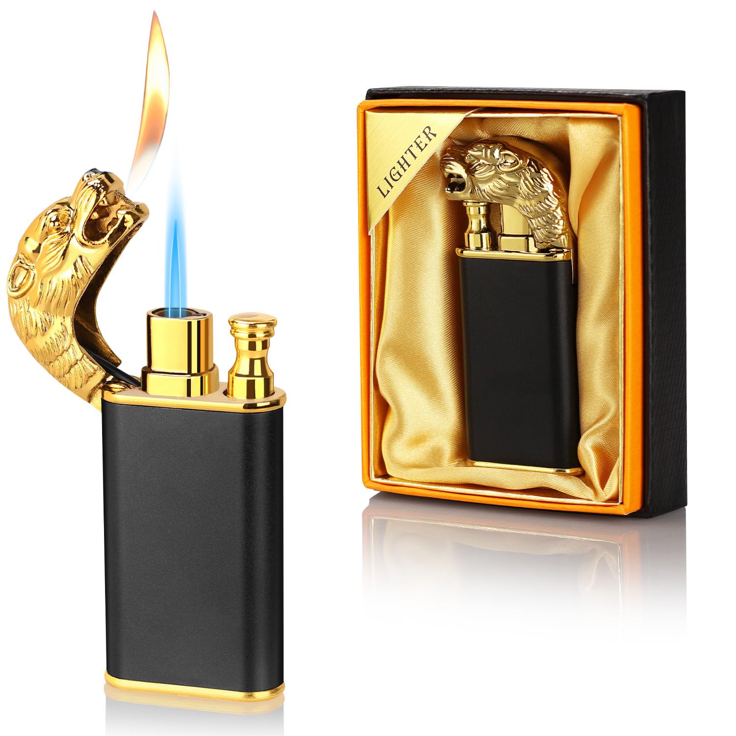Magic Dual Flame Dragon Lighter, Butane Refillable Torch With Switchable Windproof Jet & Soft Fire - Cool Double Flame Creative Gift for Men (Black, Without Gas)
