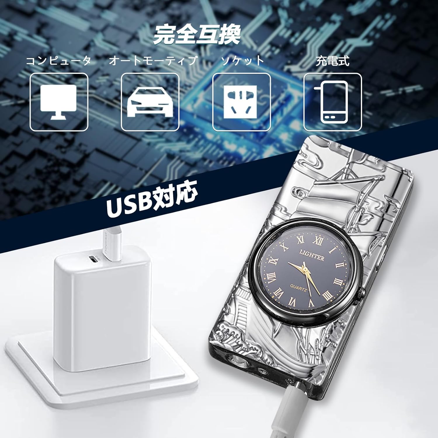 Electric Lighter with Clock YOZWOO USB Rechargeable Lighter with LED Light, Plasma Dual Arc Lighters with LED Power Display for Candle, Cool Lighters Gifts for Men and Women (Silver-Boat)