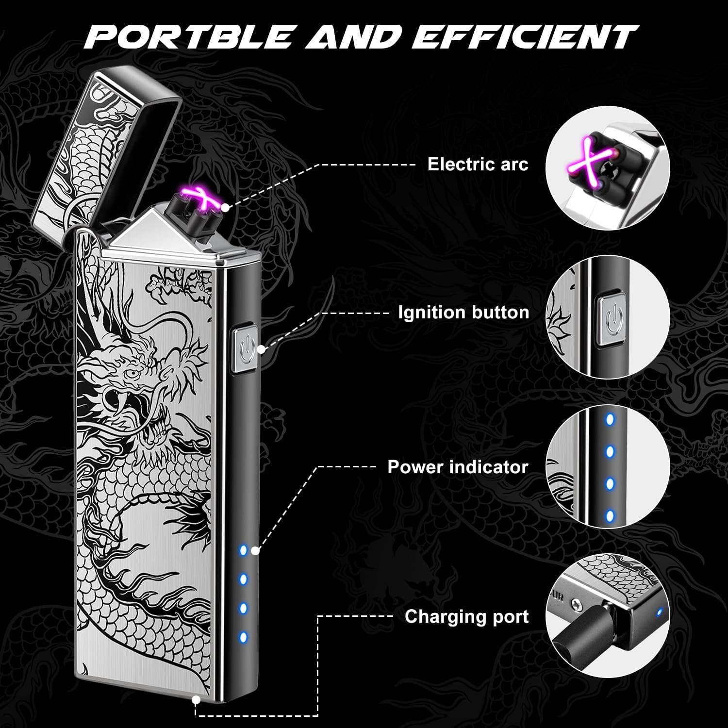 LcFun Electric USB Rechargeable Lighter, Windproof Plasma Dual Arc Lighter with LED Battery Indication, Flameless Cool Lighters Gifts for Men Fathers Husband (Black Dragon)