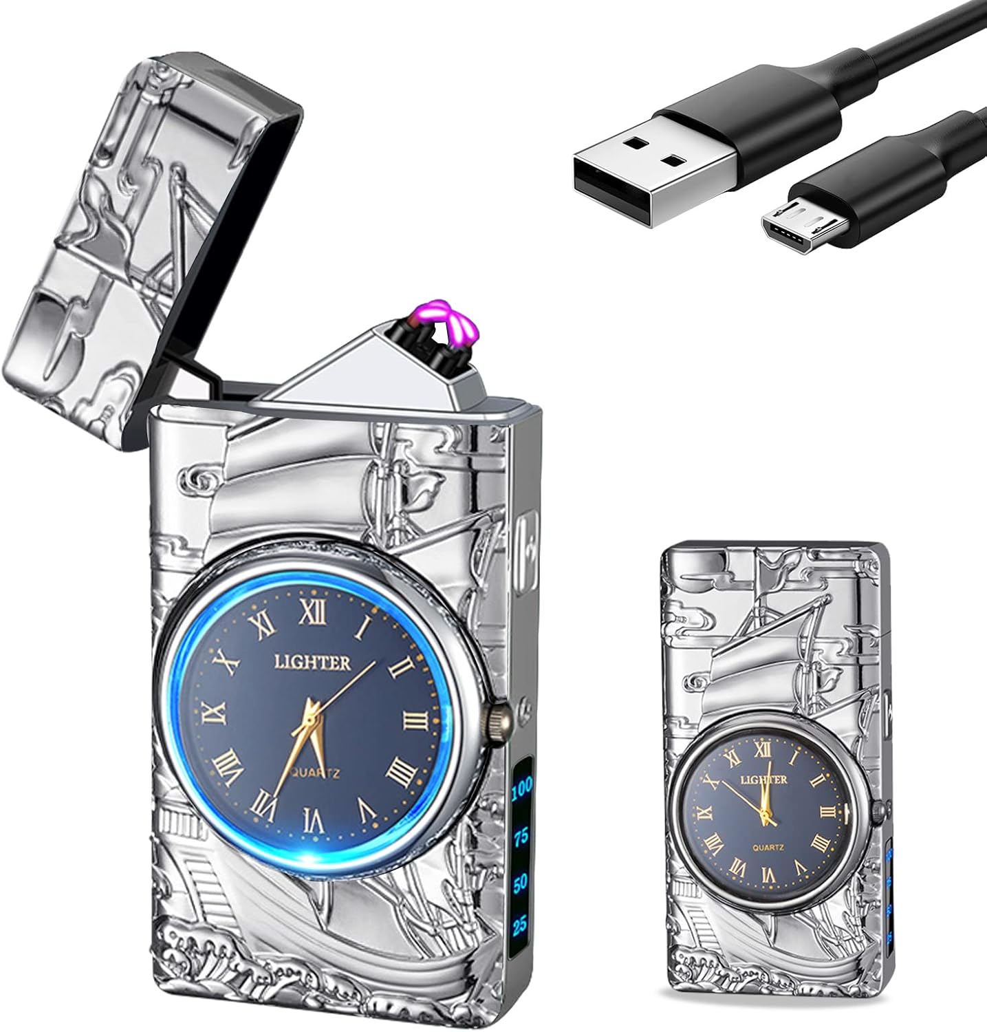 Electric Lighter with Clock YOZWOO USB Rechargeable Lighter with LED Light, Plasma Dual Arc Lighters with LED Power Display for Candle, Cool Lighters Gifts for Men and Women (Silver-Boat)
