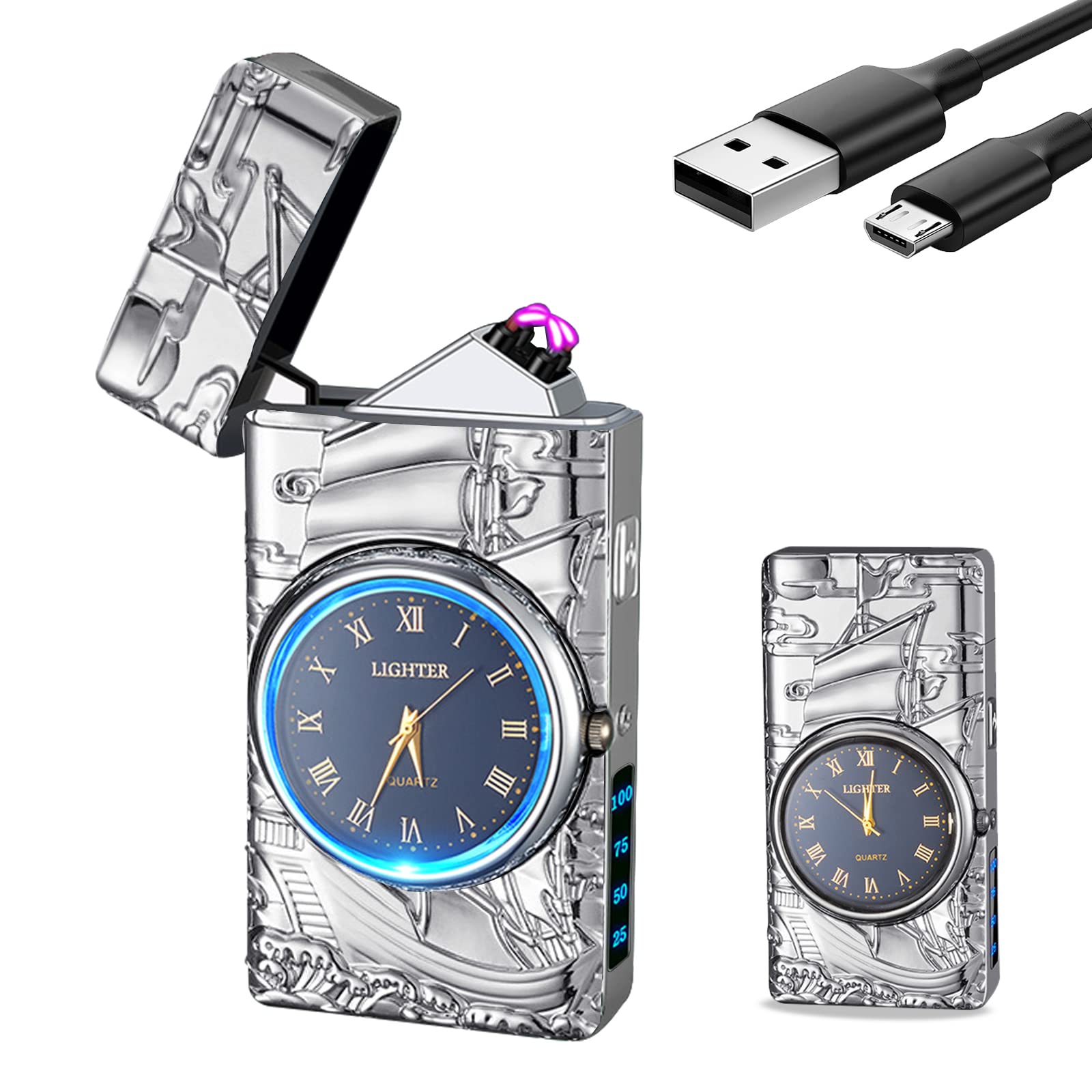 Electric Lighter with Clock YOZWOO USB Rechargeable Lighter with LED Light, Plasma Dual Arc Lighters with LED Power Display for Candle, Cool Lighters Gifts for Men and Women (Silver-Eagle)