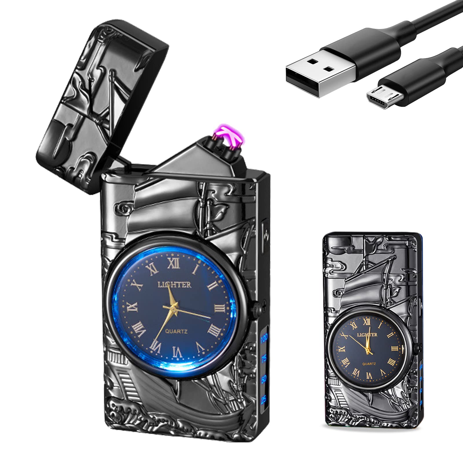 Electric Lighter with Clock YOZWOO USB Rechargeable Lighter with LED Light, Plasma Dual Arc Lighters with LED Power Display for Candle, Cool Lighters Gifts for Men and Women (Silver-Eagle)