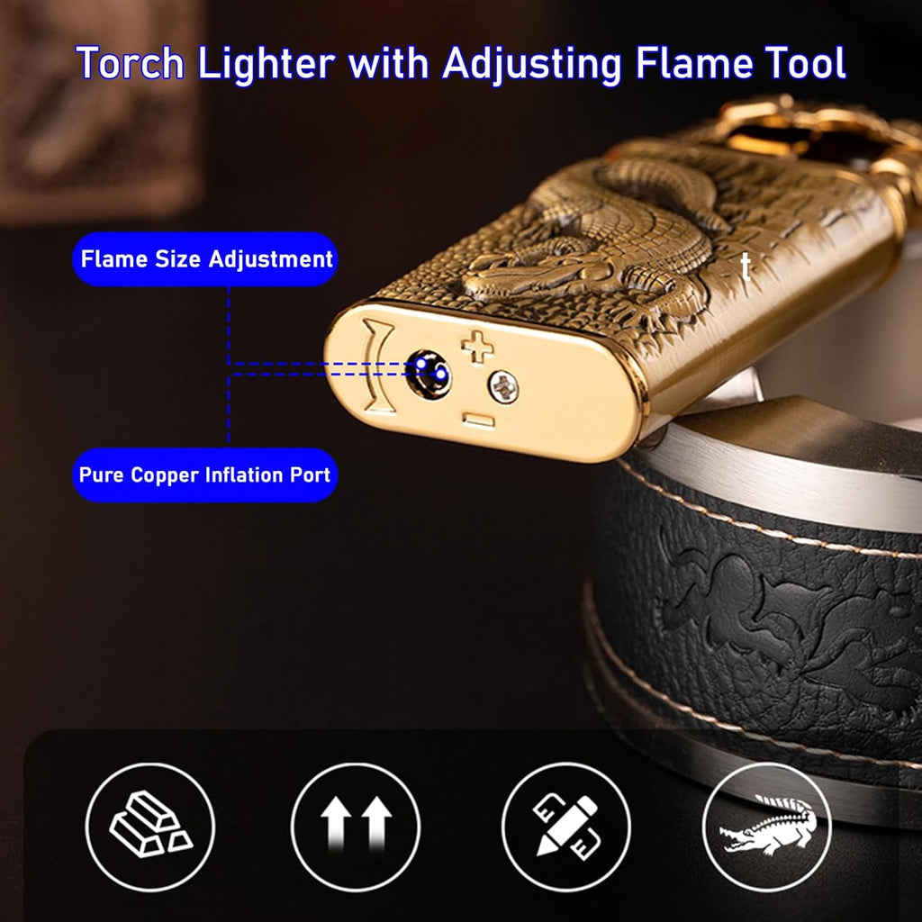 Torch Lighter, Cool Relief Dragon Dual Flame - Windproof Adjustable Jet Flame and Soft Flame, Refillable Butane Lighter for Gift, Candle, BBQ, Kitchen, Camping (Without Butane)-Black