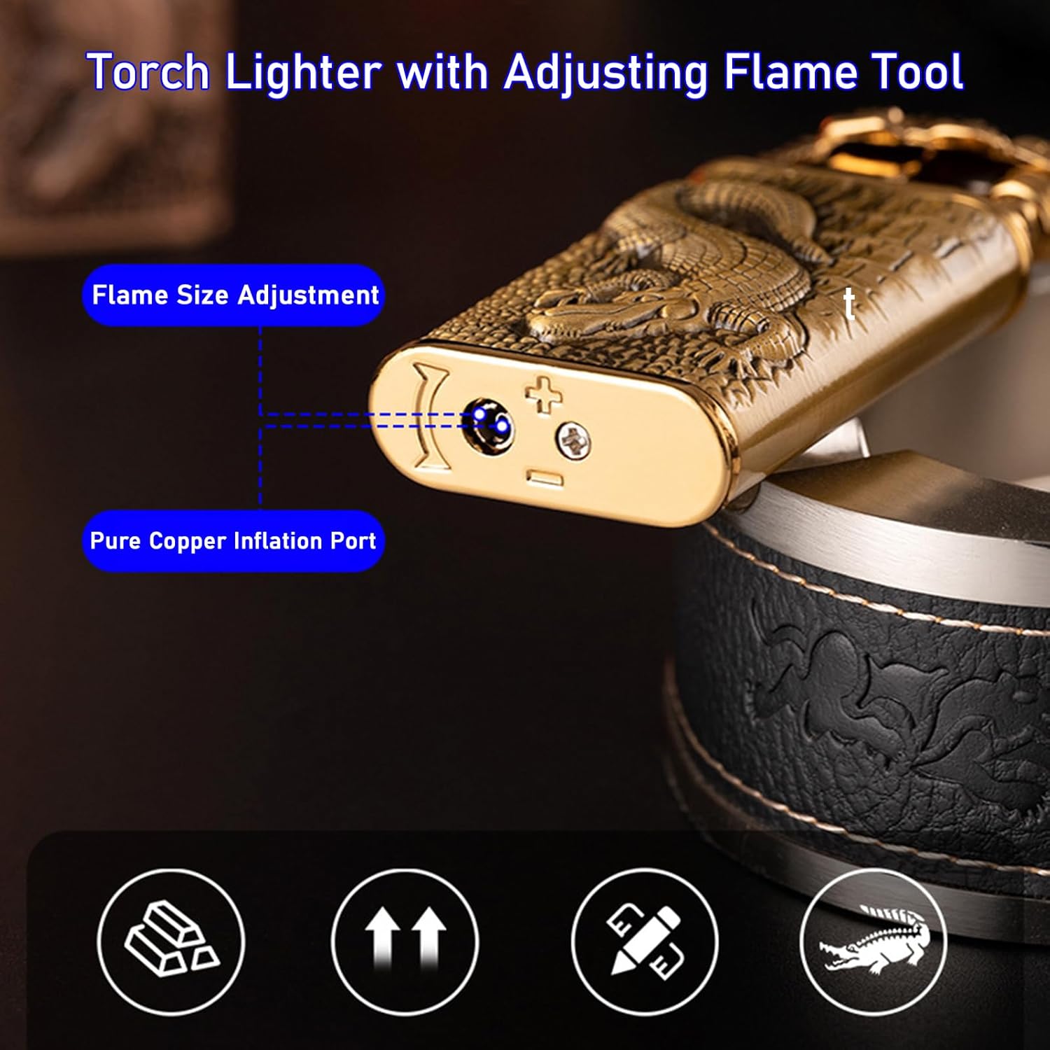 Torch Lighter, Cool Relief Dragon Dual Flame - Windproof Adjustable Jet Flame and Soft Flame, Refillable Butane Lighter for Gift, Candle, BBQ, Kitchen, Camping (Without Butane)-Black