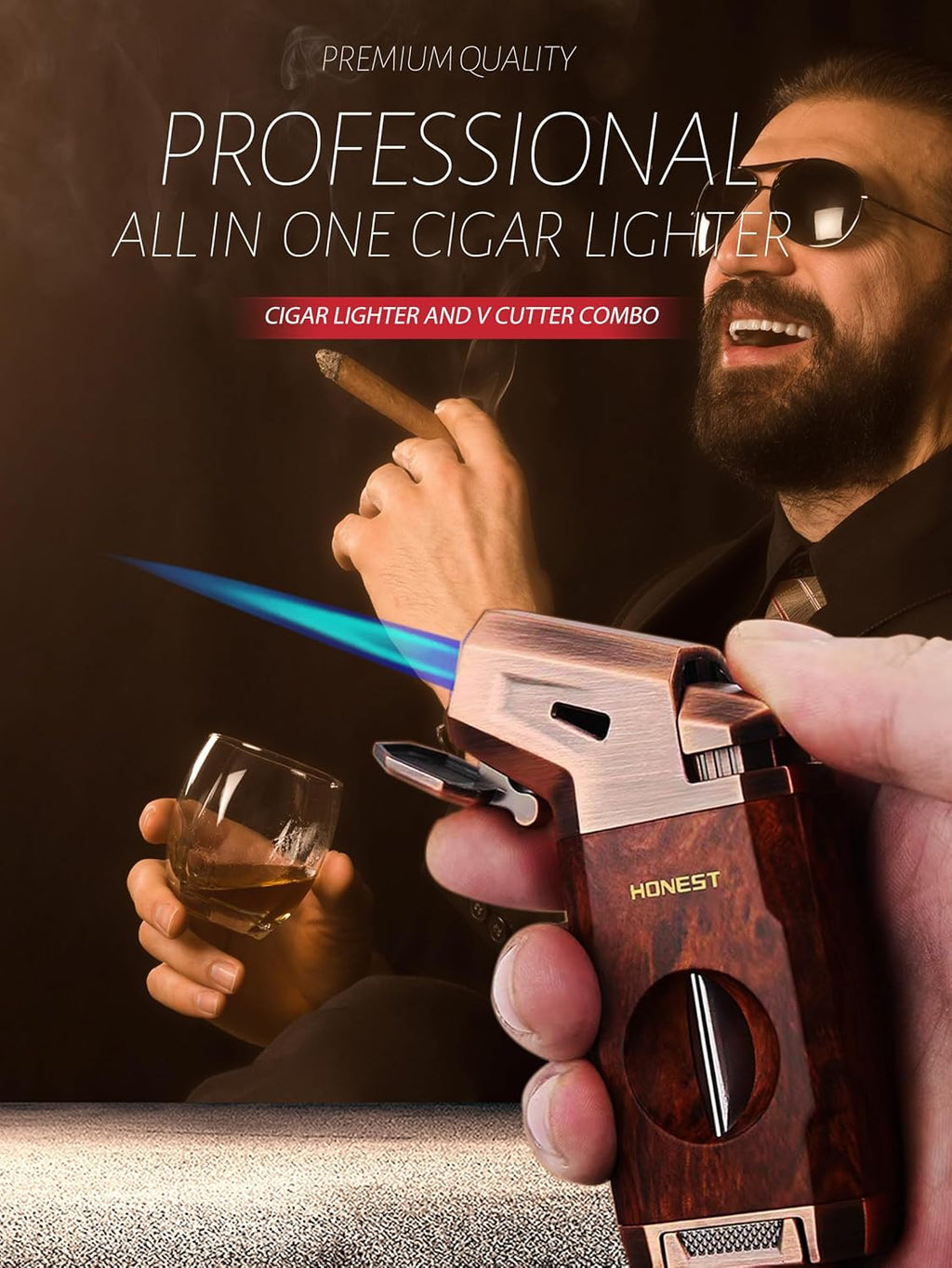 Butane Torch Lighter with V Cutter, Windproof Jet Flame Lighter Torch Refill, Adjustable Refillable Butane Lighter Gifts for Men, with Fuel Window, Fuel not Include