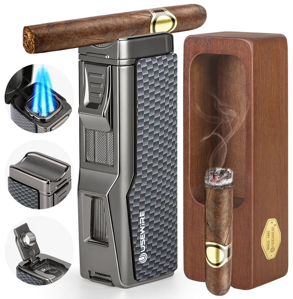Cigar Lighter and Ashtray Set, Quad Windproof Jet Flame, with Cigar Holder and Cigar Punch, Refillable Butane Gas Lighter, Multifunctional Cigar Accessories Gift Set