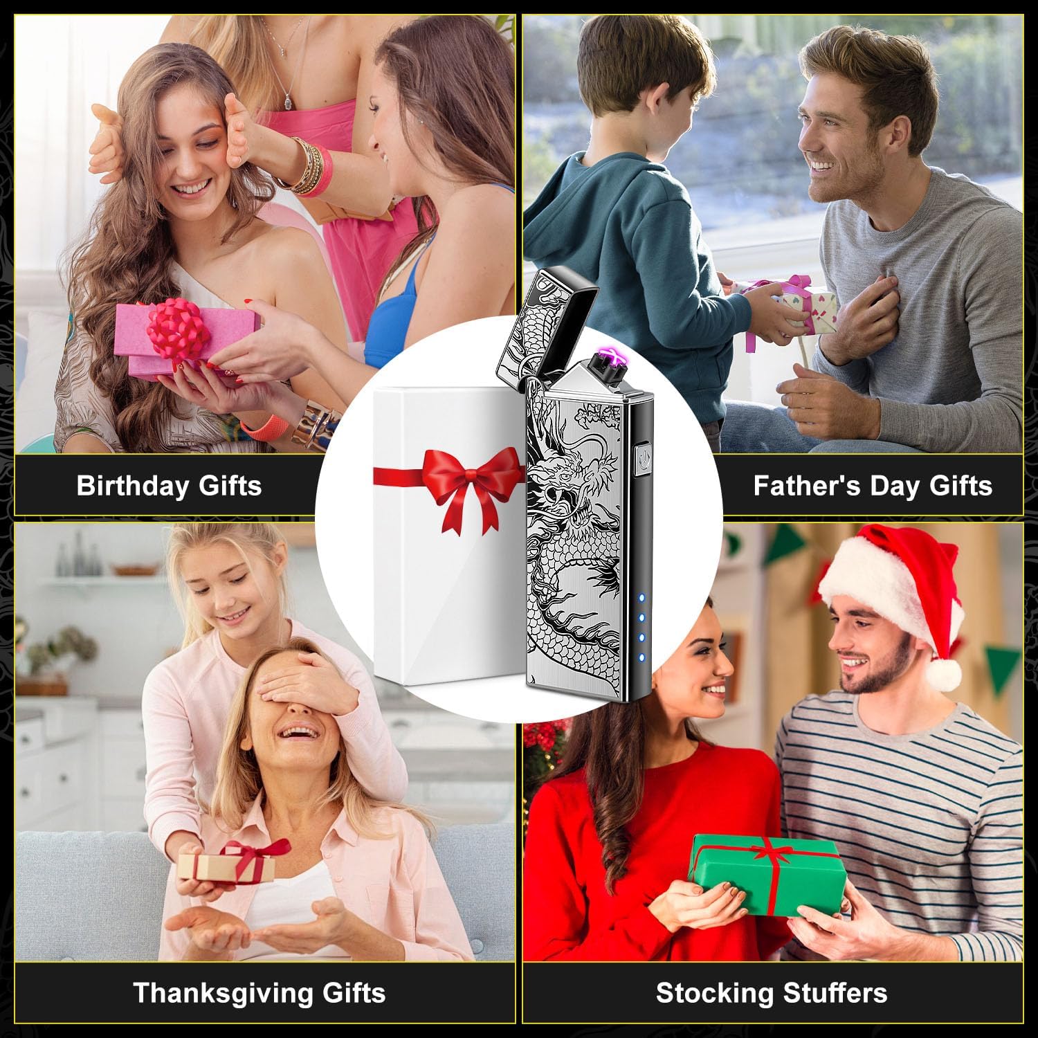 LcFun Electric USB Rechargeable Lighter, Windproof Plasma Dual Arc Lighter with LED Battery Indication, Flameless Cool Lighters Gifts for Men Fathers Husband (Black Dragon)